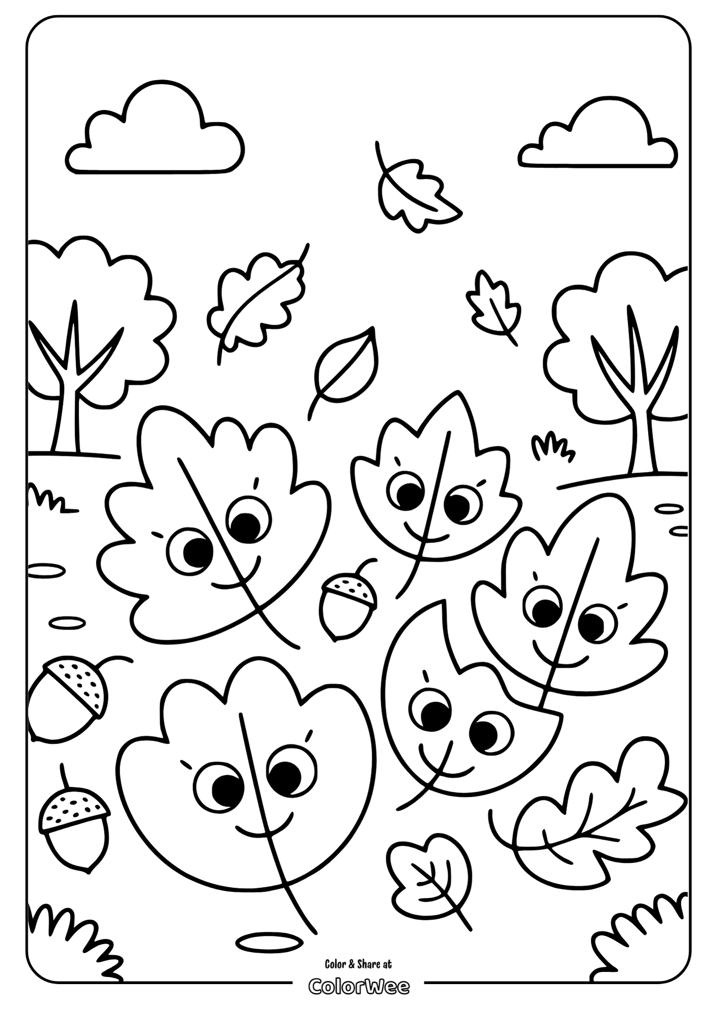 Whimsical leaves and acorns coloring page with smiling faces.