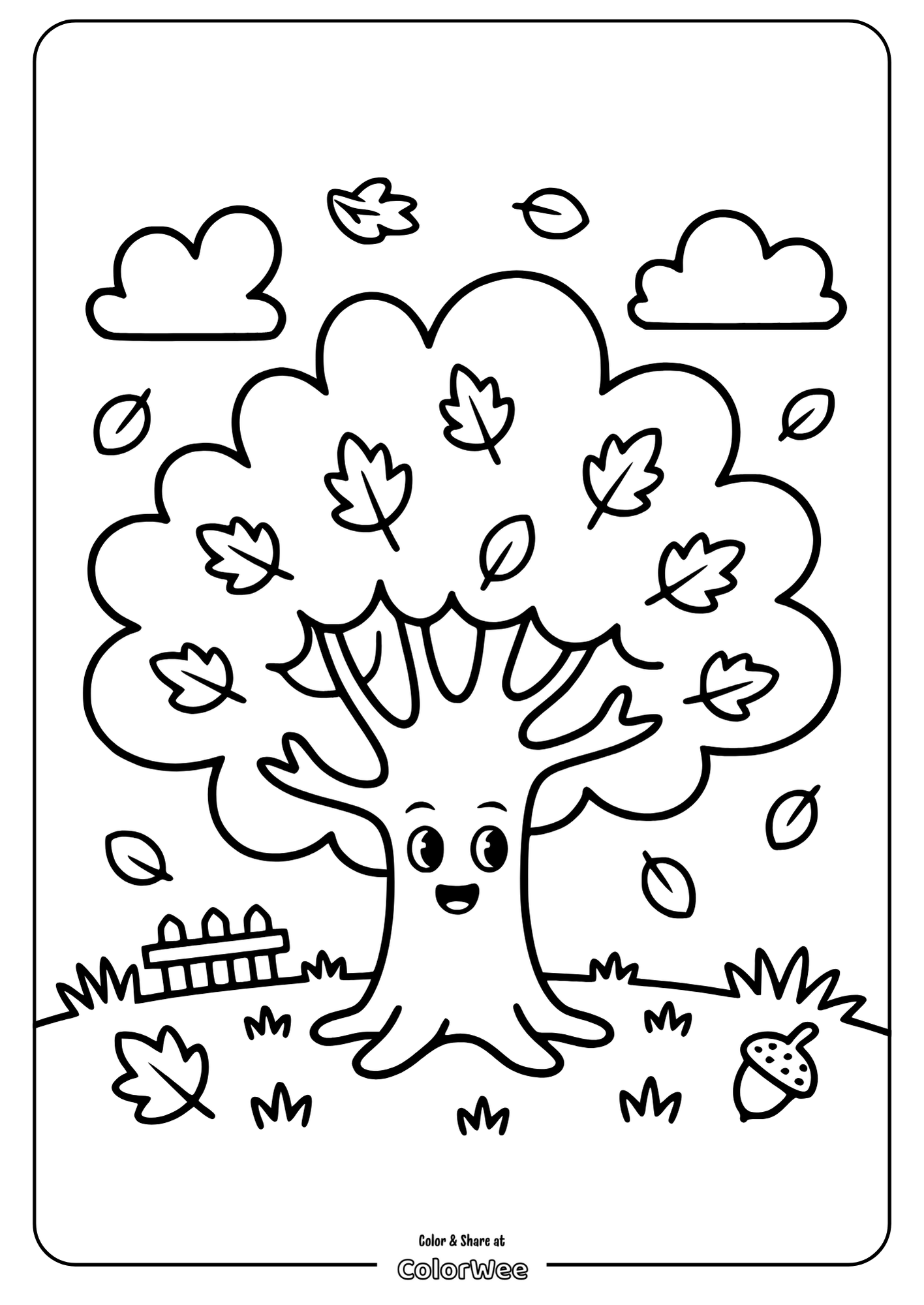 Cute tree coloring page for kids with falling leaves and clouds.