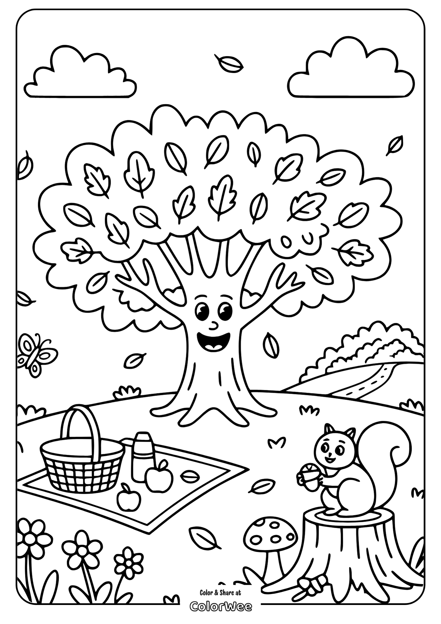Happy tree with squirrel at picnic scene for coloring fun.