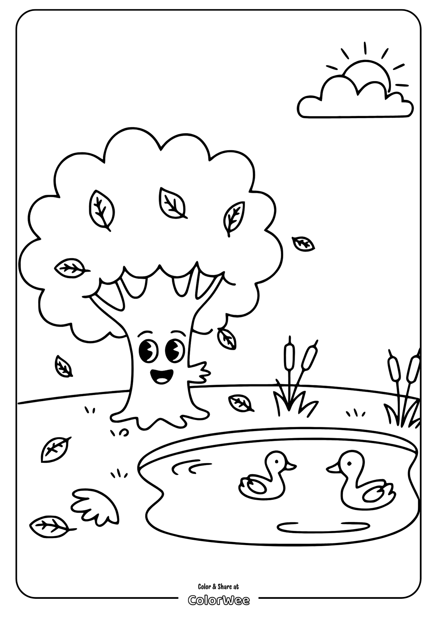 Happy tree by a pond with ducks on a sunny day coloring page.