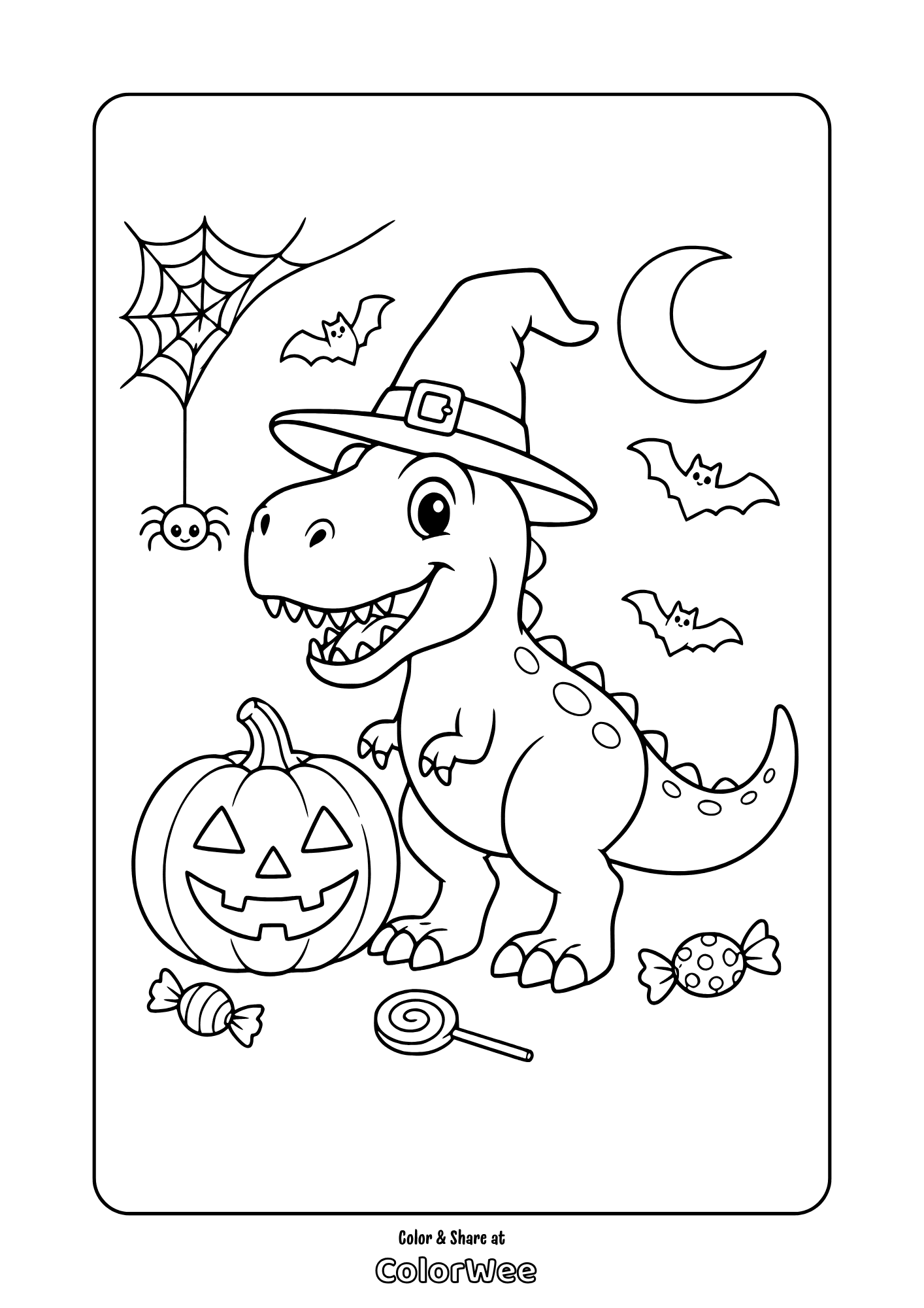cute halloween t rex with witch hat bats and pumpkin coloring page Cute Halloween t-rex with witch hat, bats and pumpkin coloring page