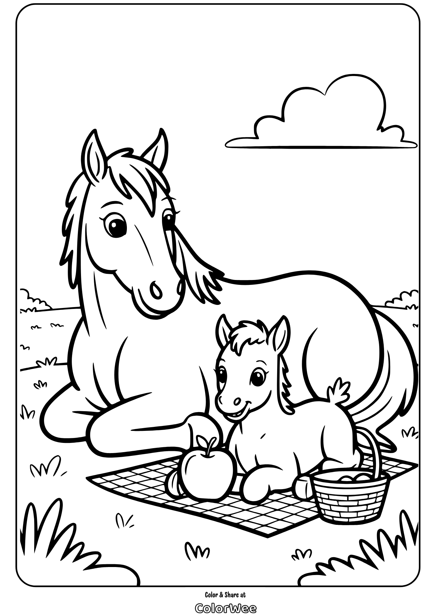 Horse and foal enjoying a picnic in a field coloring page.