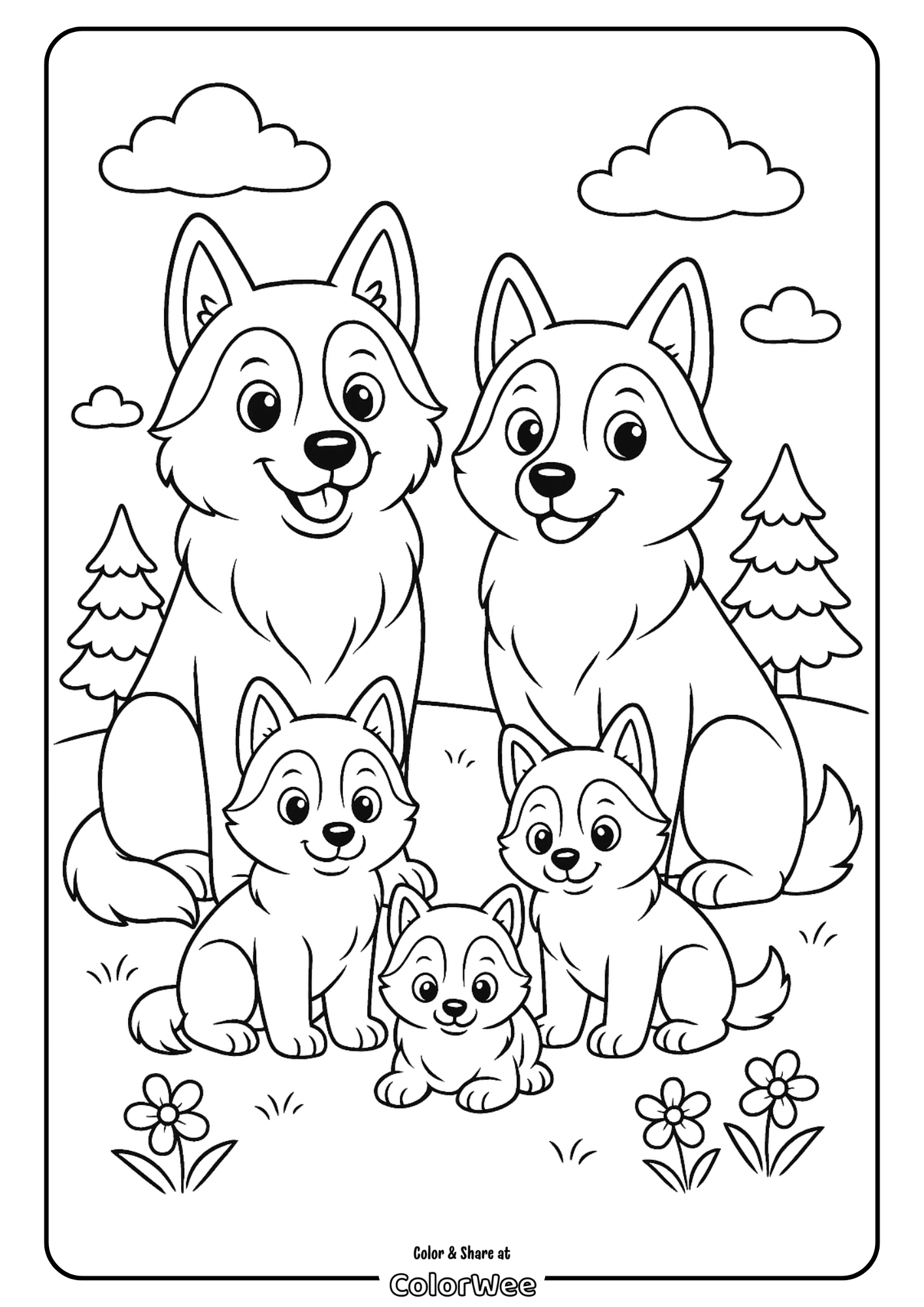 Adorable wolf family coloring page with puppies in a forest setting.