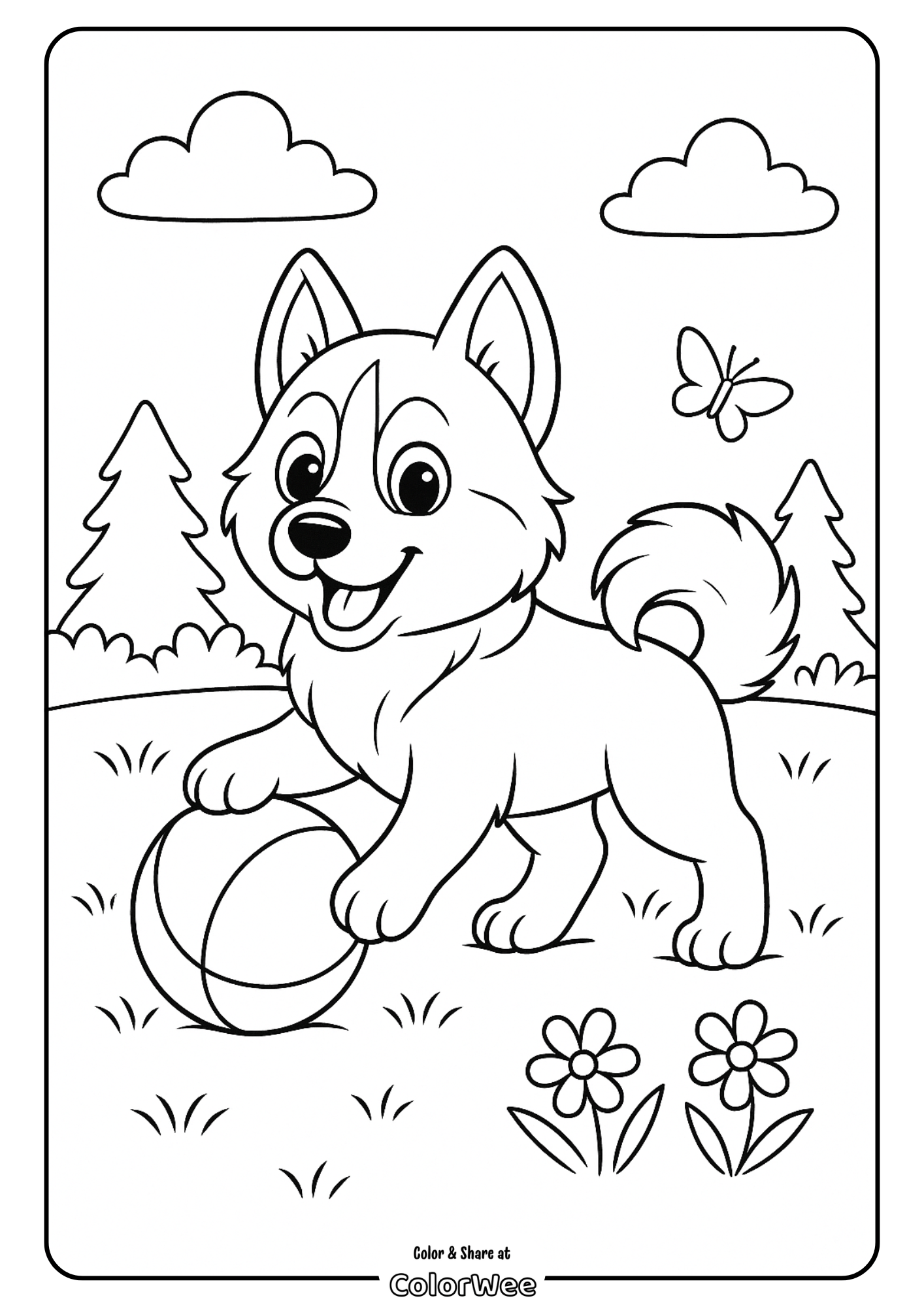 Young dog playing with a ball in a scenic outdoor coloring page.