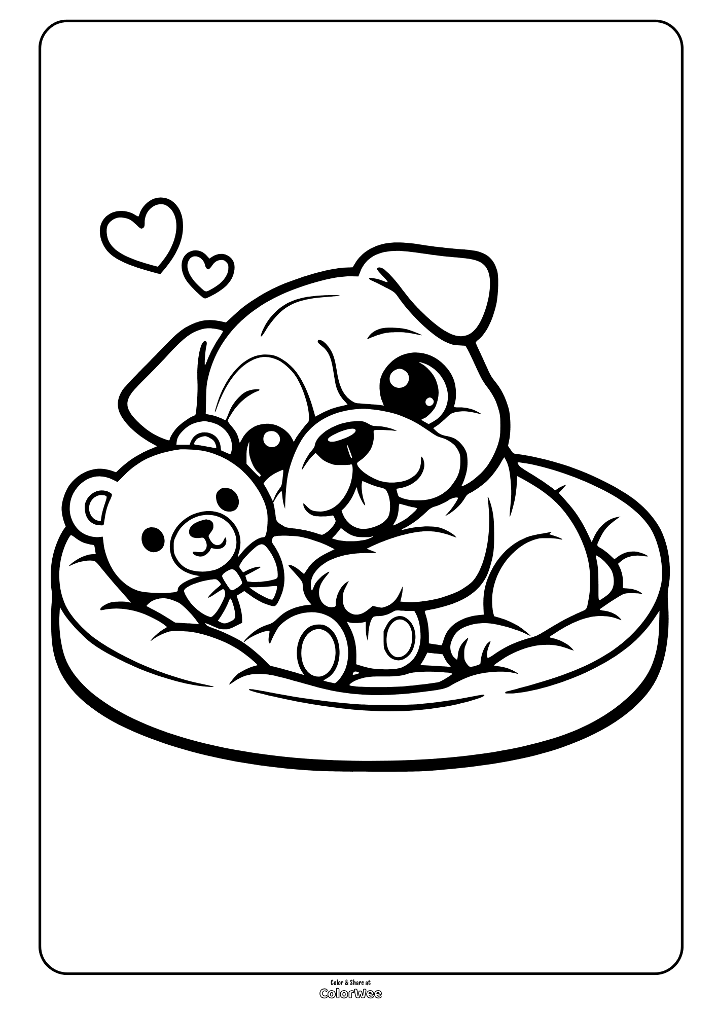 Cute kawaii puppy bulldog hugging teddy bear in cozy dog bed coloring page for kids