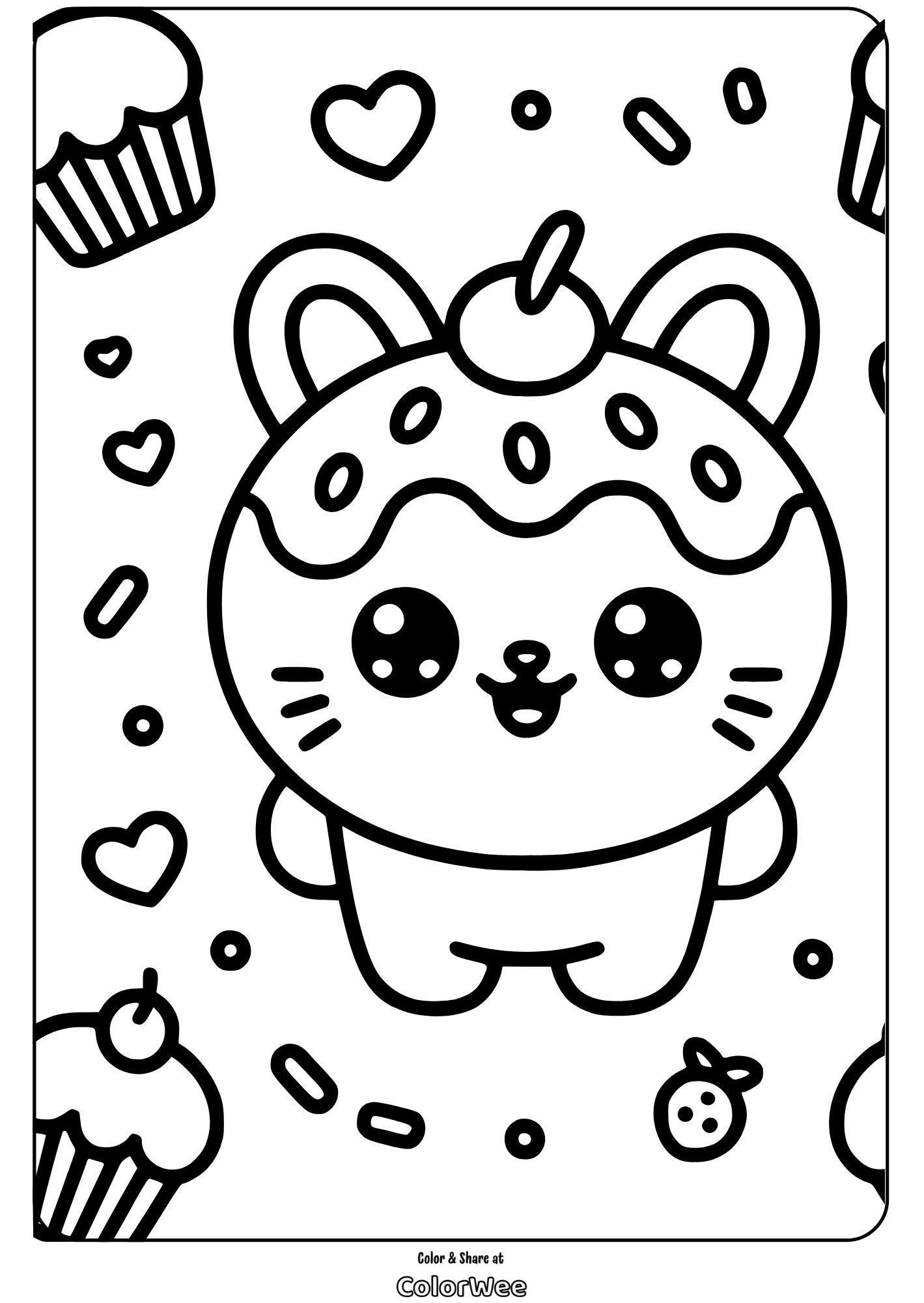 Cute kawaii bunny and sweets coloring page.