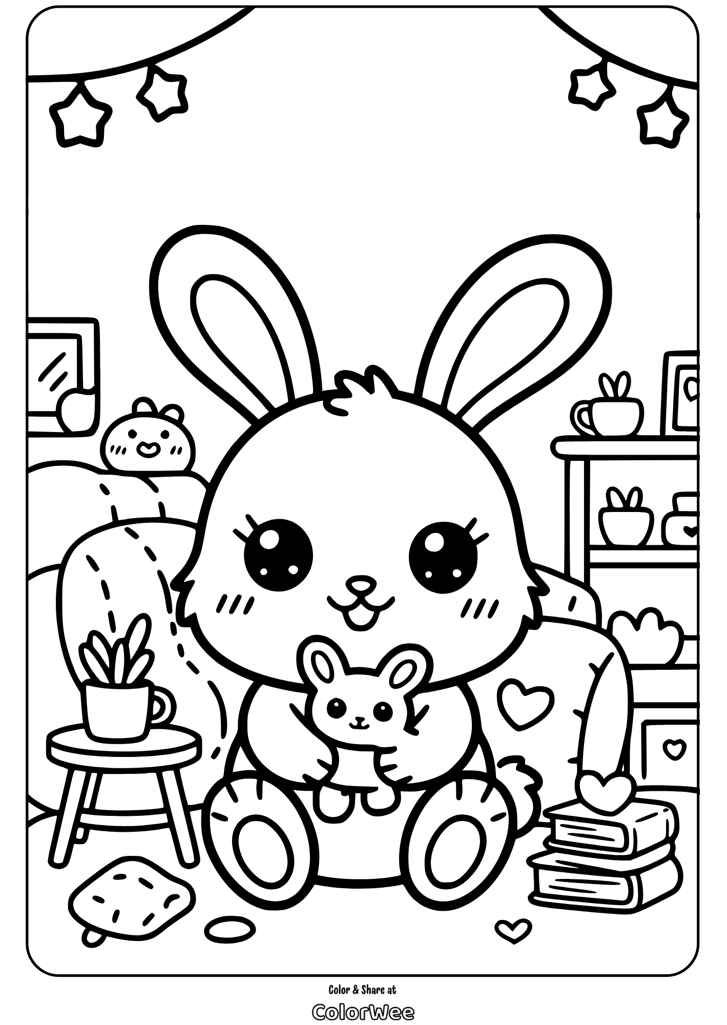 Kawaii bunny holding a little toy coloring sheet.