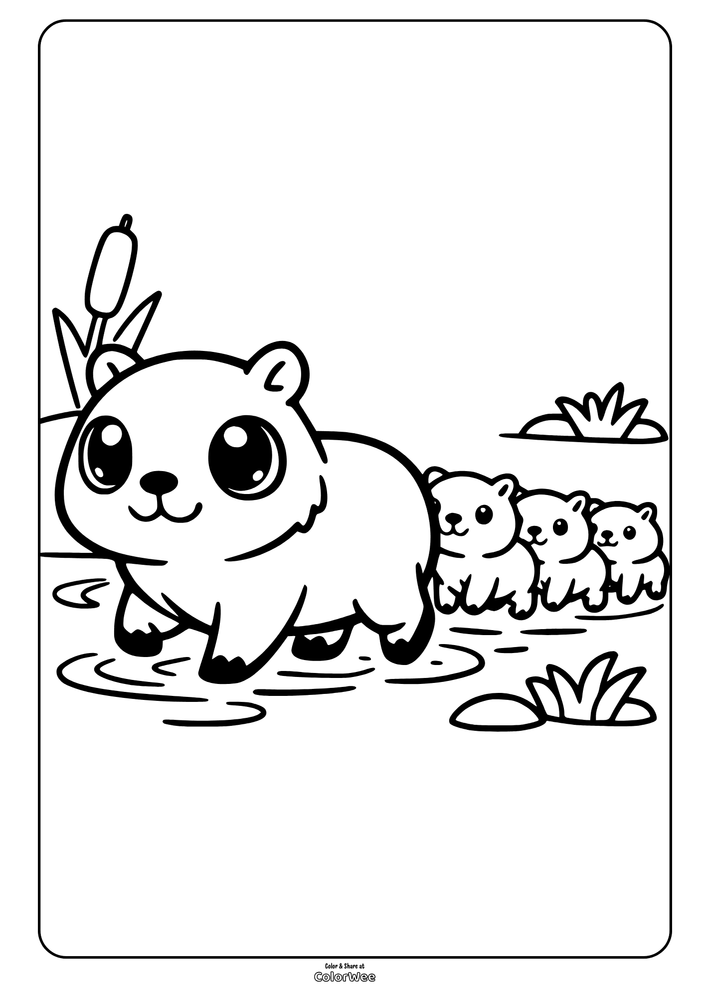 Cute kawaii capybara mom with babies wading in pond coloring page