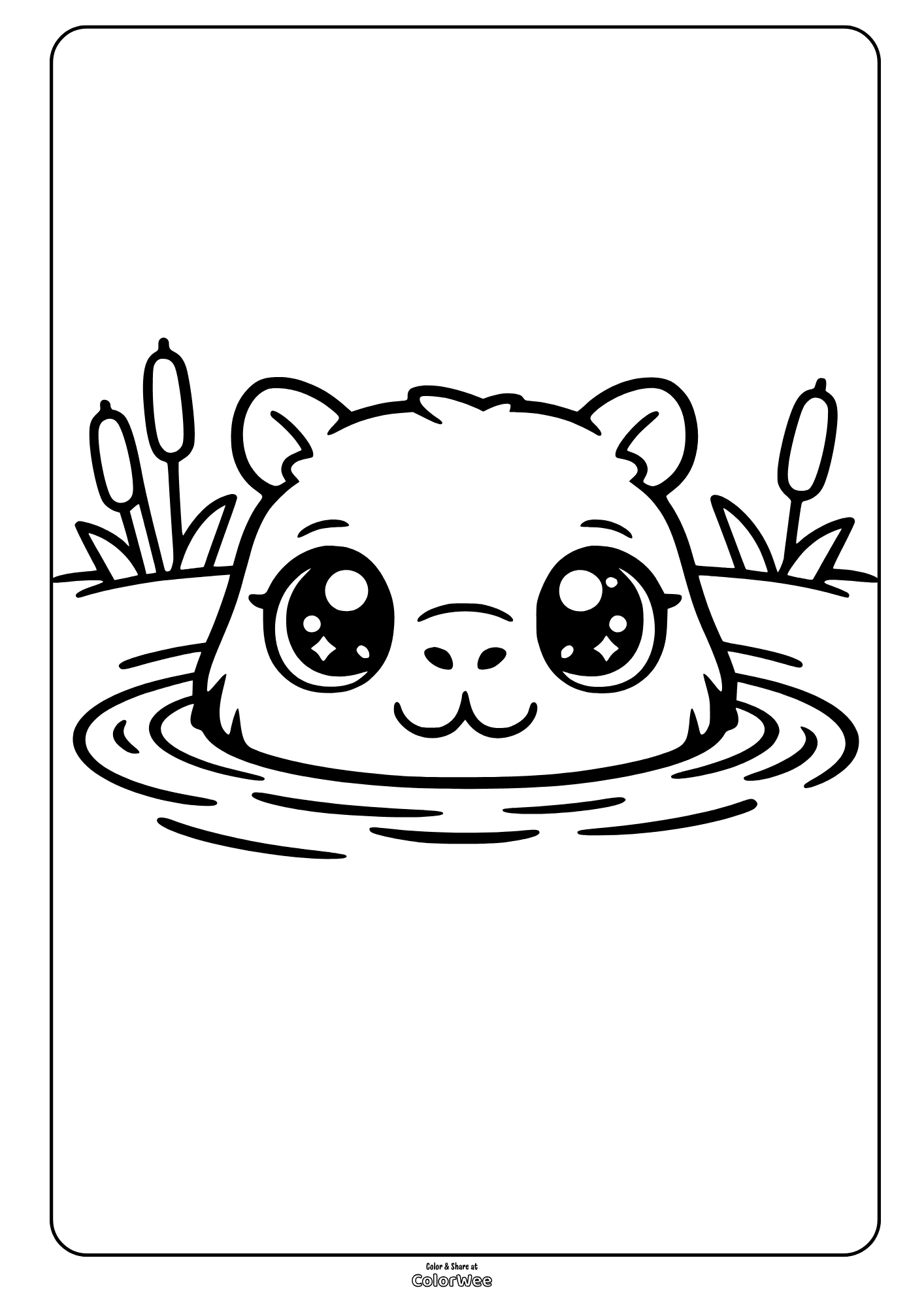 Cute capybara in pond coloring page with cattails for kids