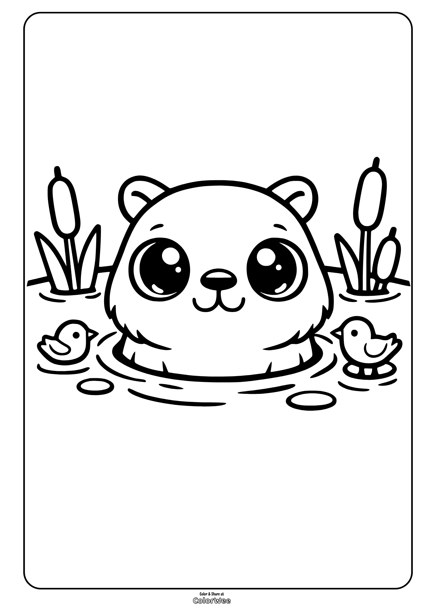 Kawaii capybara in pond with cattails and ducklings coloring page