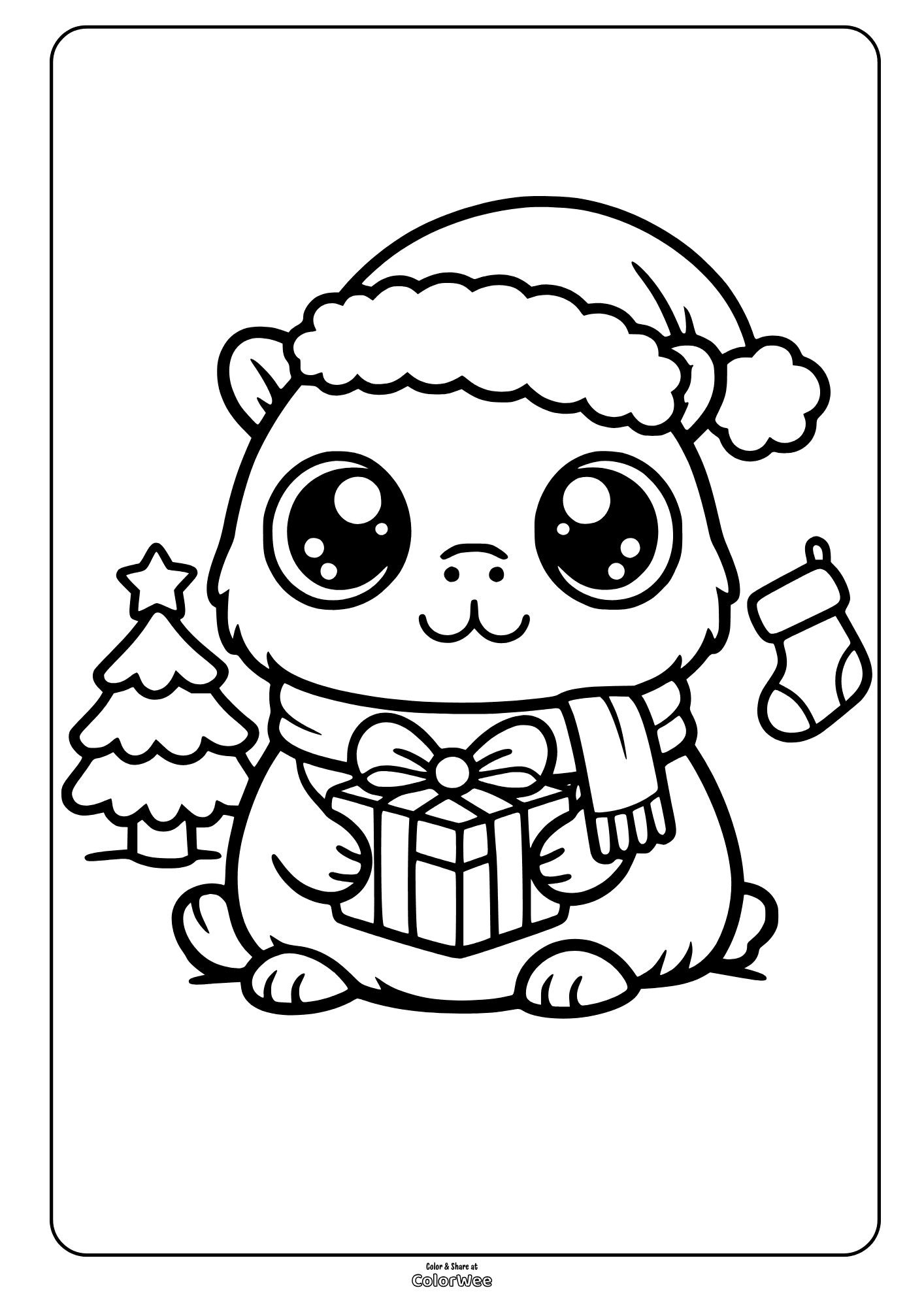 Cute Christmas kawaii capybara with gift, tree and Santa hat coloring page