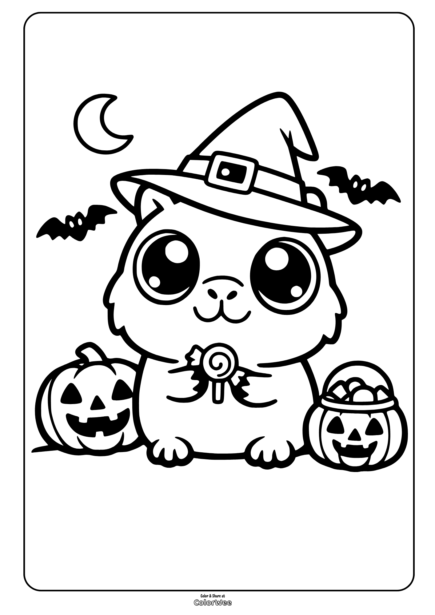 Halloween coloring page: cute witch kawaii capybara with pumpkins and candy