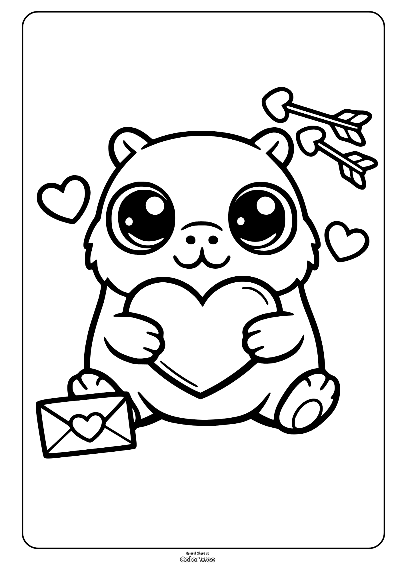 Valentine kawaii capybara holding heart with love letter coloring page for kids