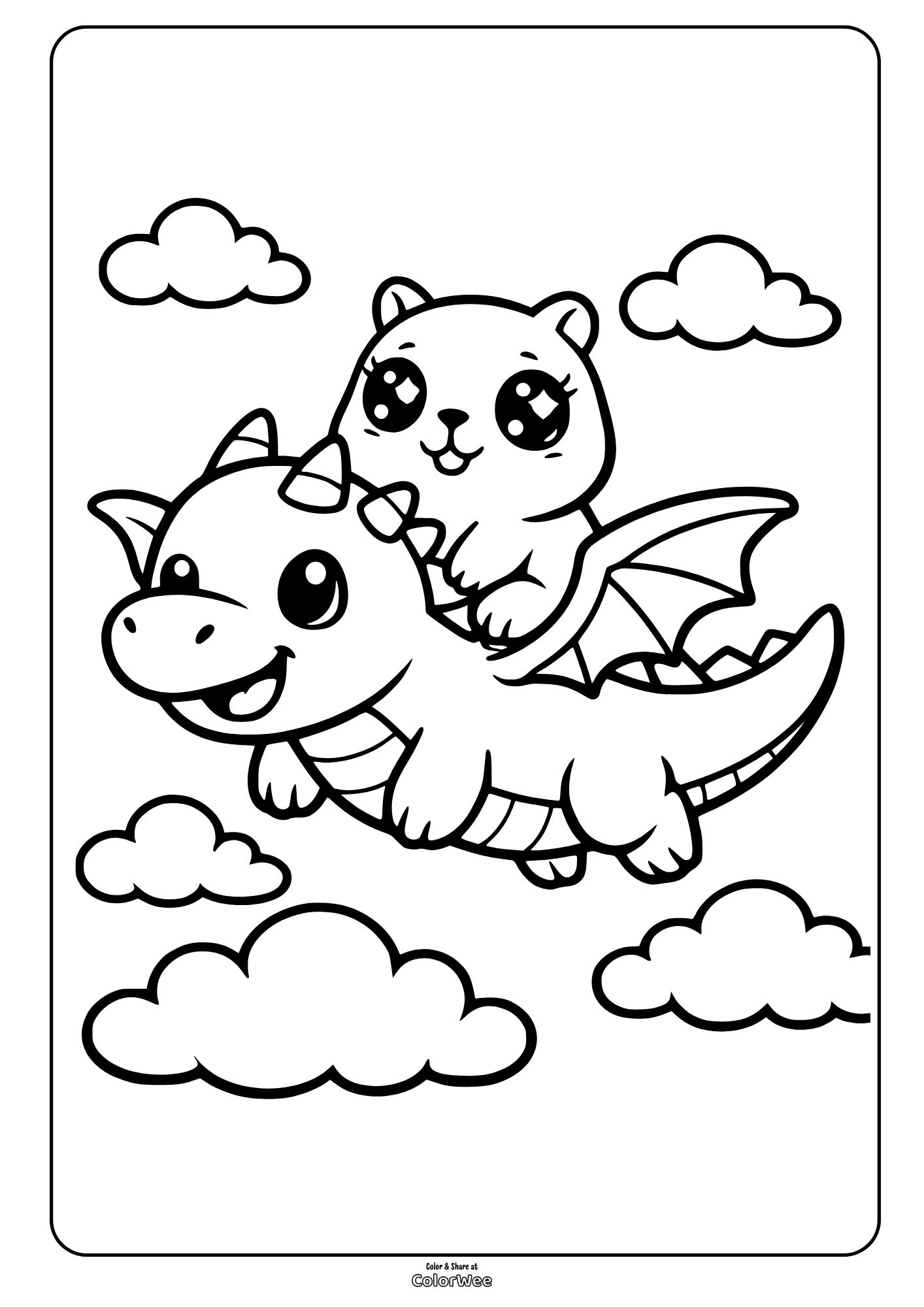 Cute flying dragon with kawaii capybara in clouds kids coloring page