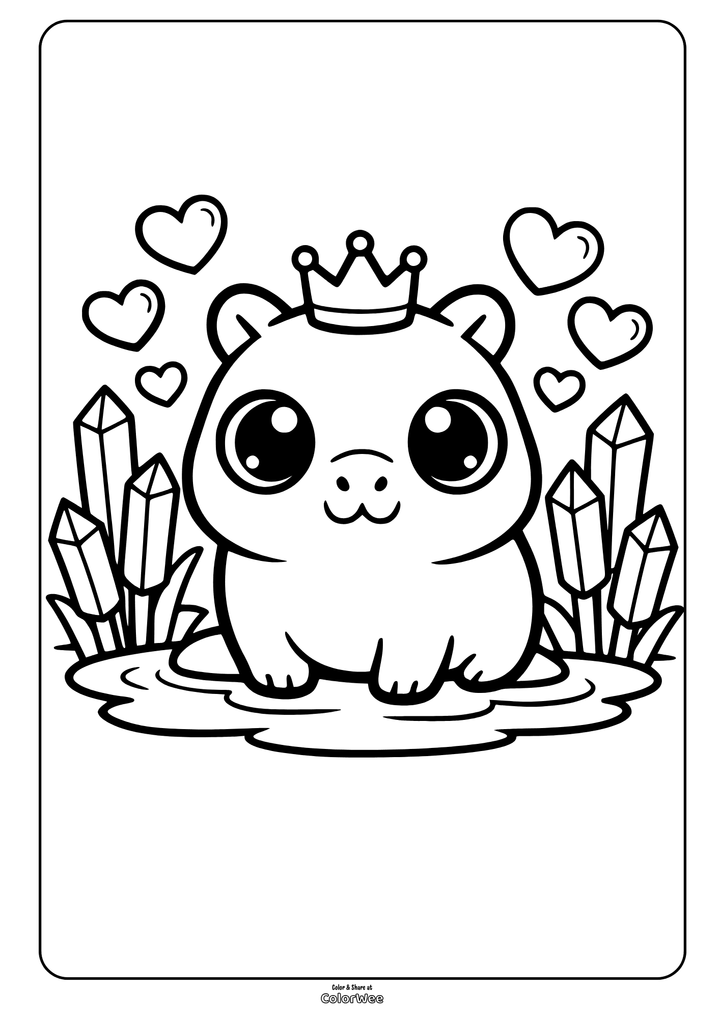 Cute royal kawaii capybara with crown, hearts and crystals coloring page