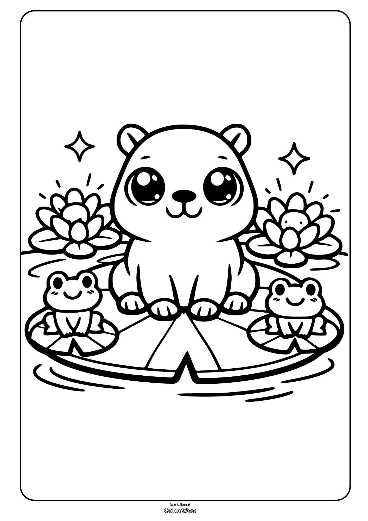 Cute kawaii capybara with frogs on lily pads and lotus flowers coloring page