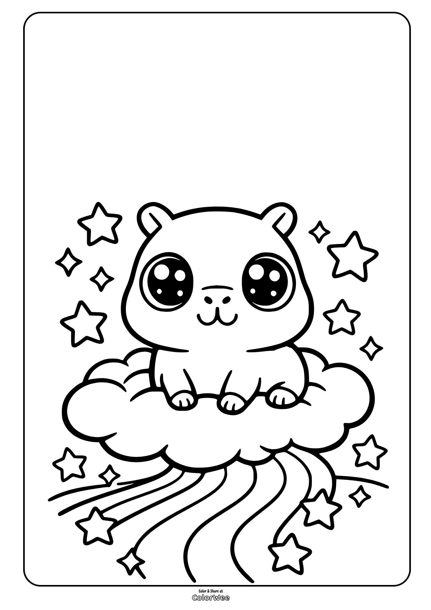Kawaii baby kawaii capybara on cloud with stars and rainbow coloring page for kids