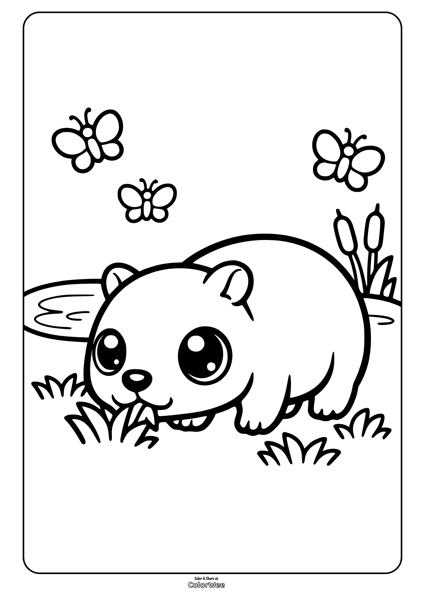 Cute kawaii capybara by pond with cattails and butterflies coloring page