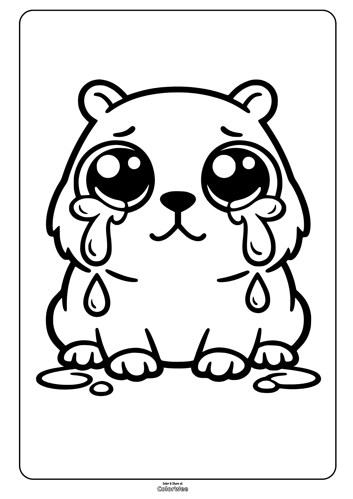 Cute crying kawaii capybara cub coloring page with big eyes and tears