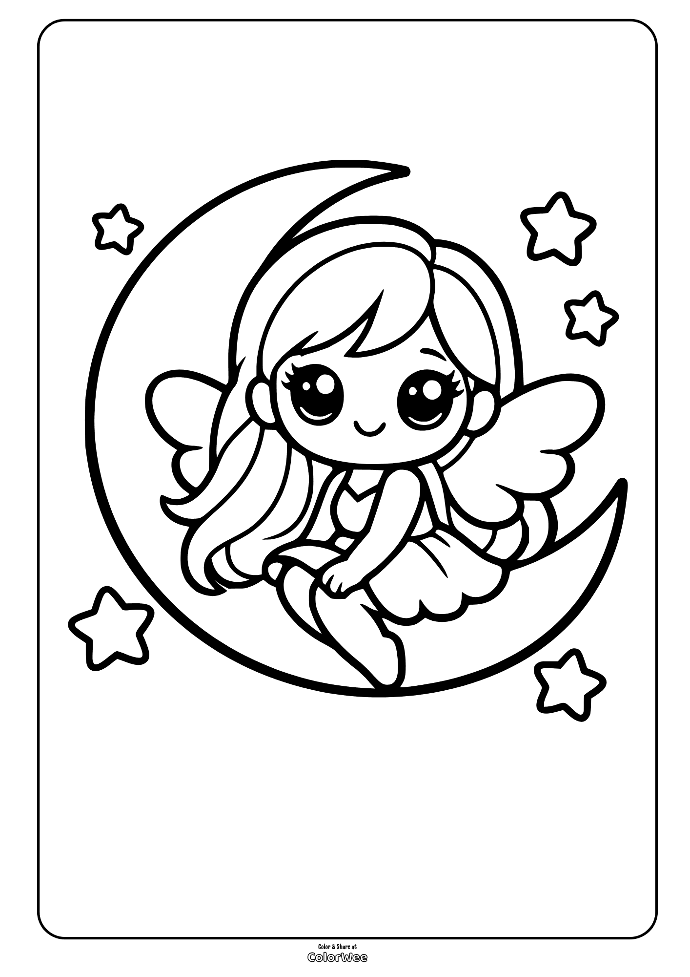 Cute fairy on crescent moon with stars coloring sheet for kids