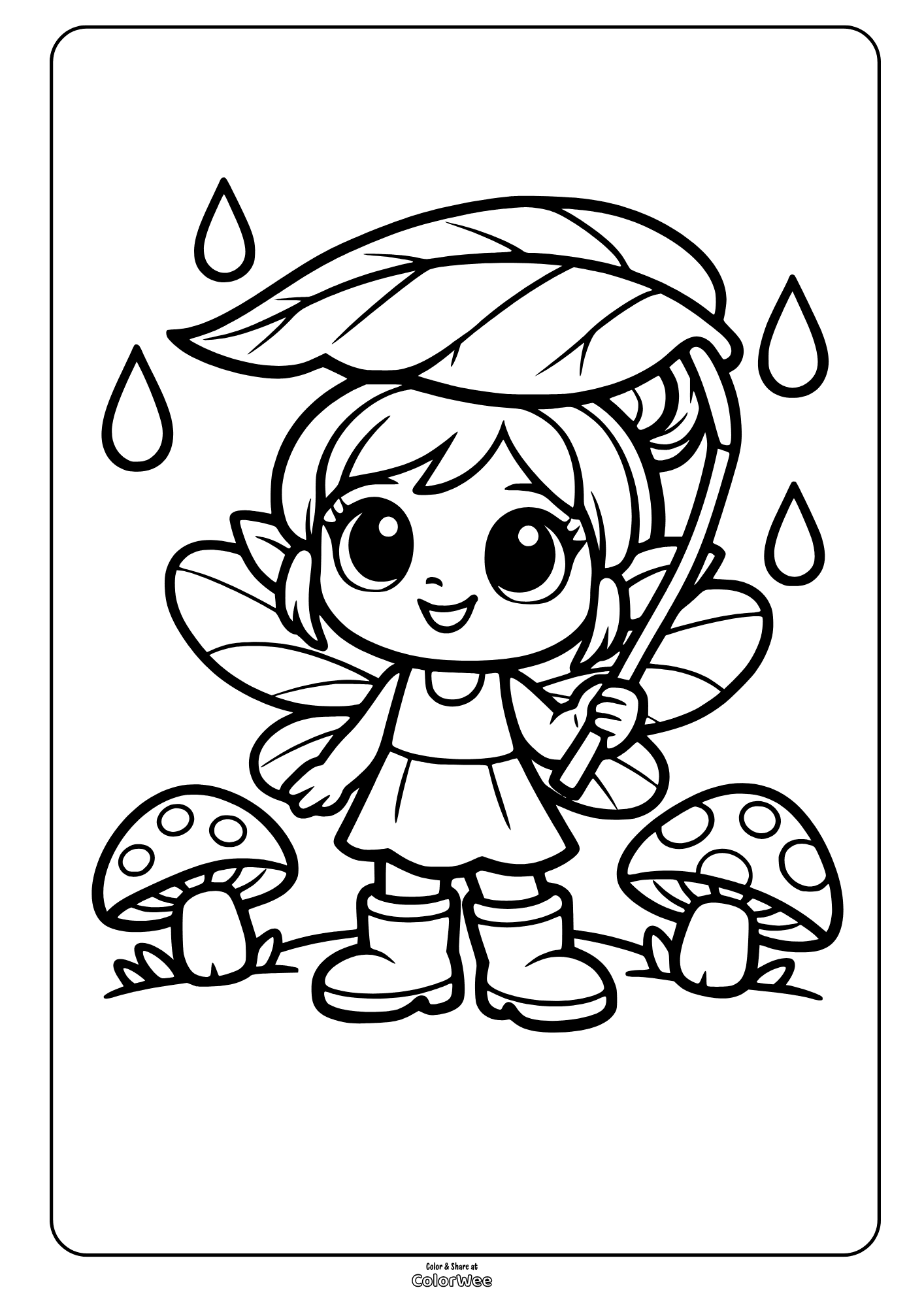Kawaii fairy in rain with leaf umbrella and mushrooms easy coloring sheet for kids