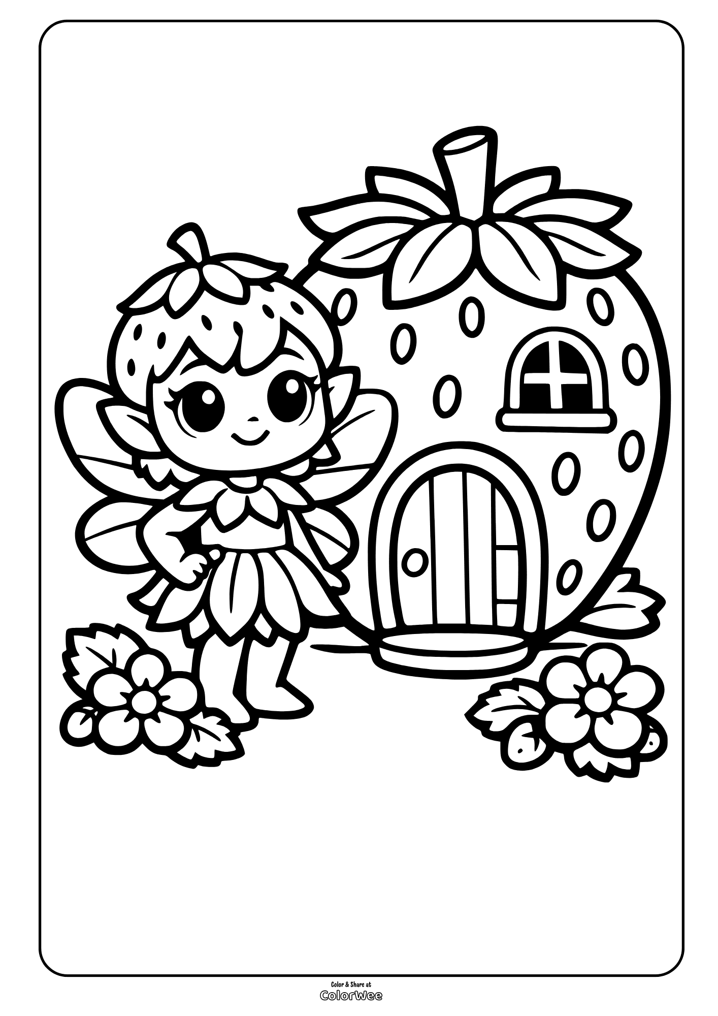 Printable fairy and strawberry house - easy coloring sheet for kids