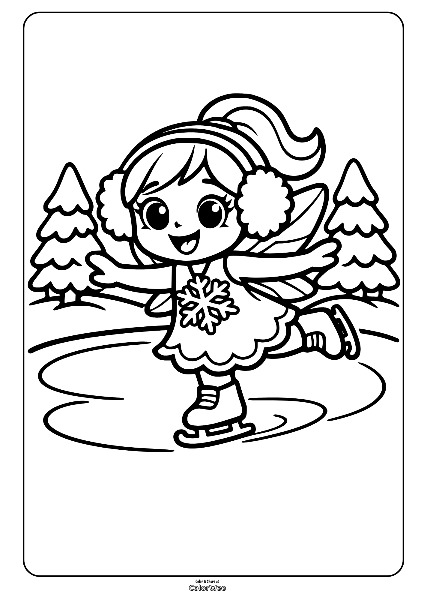 Printable winter fairy ice skating easy coloring sheet.