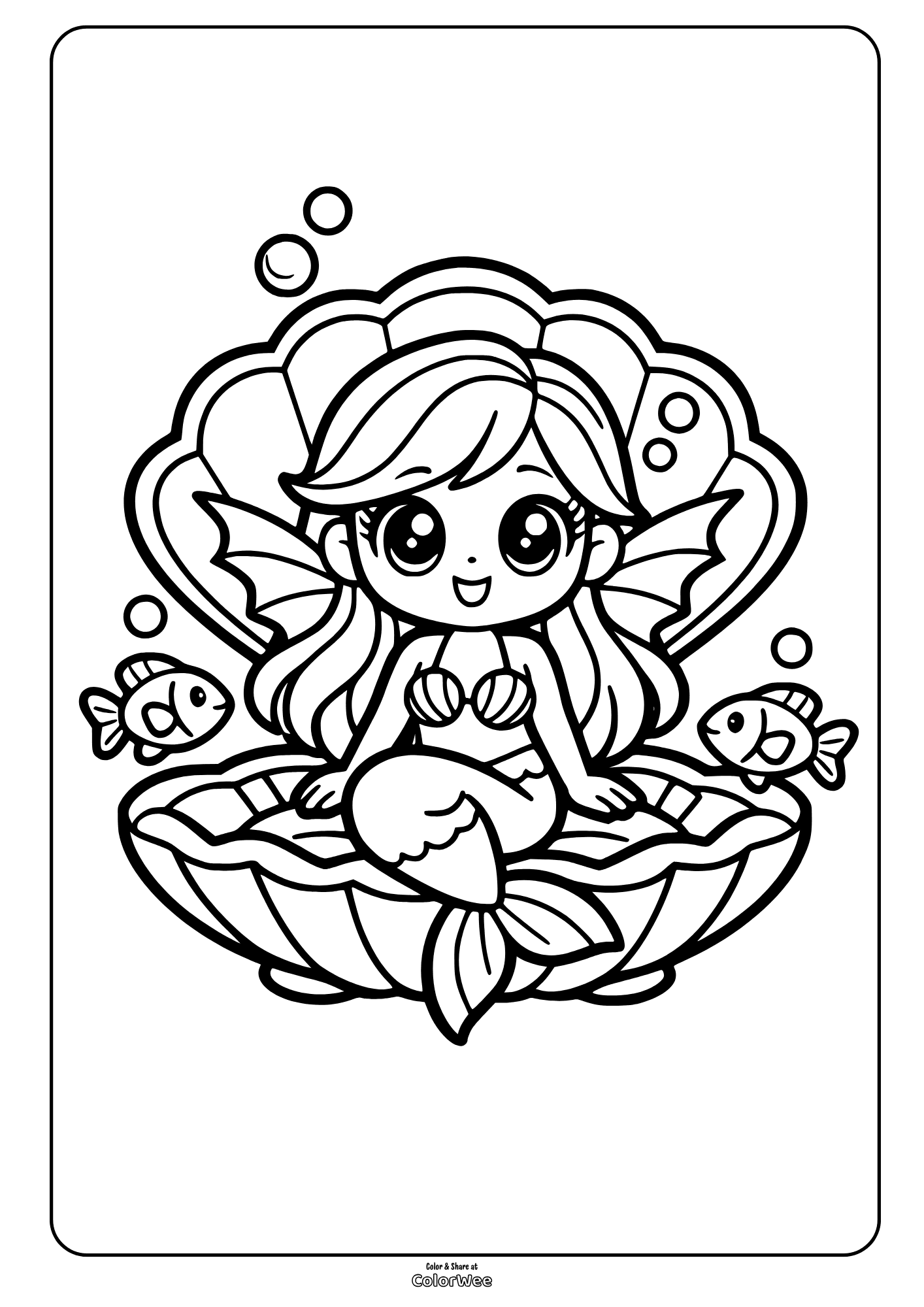 Kawaii fairy mermaid coloring sheet: cute mermaid in seashell with fish