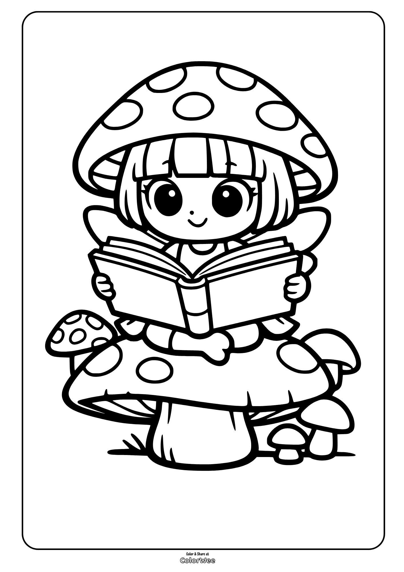 Cute kawaii mushroom fairy reading a book coloring sheet for kids