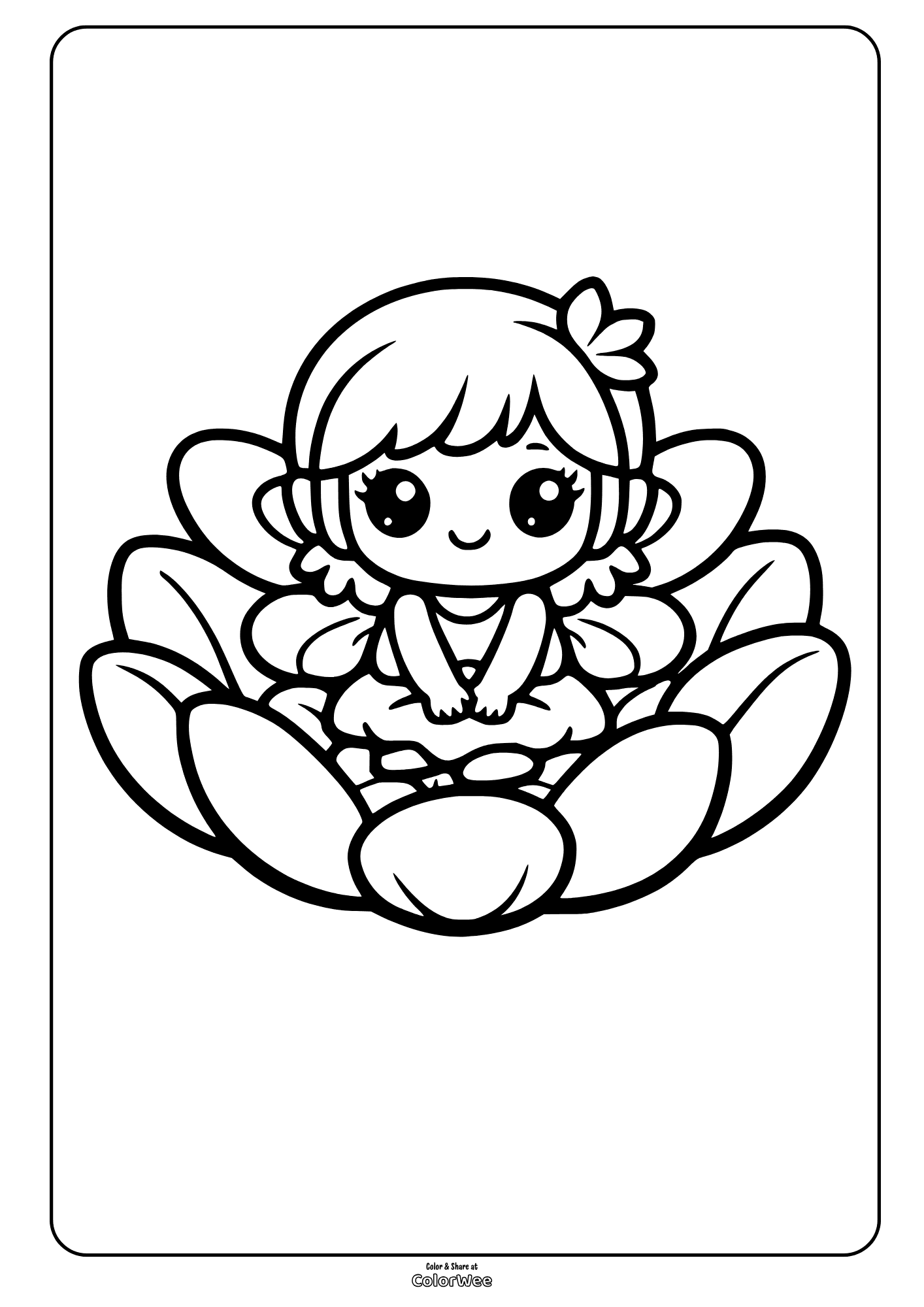 Printable kawaii and cute fairy in flower coloring sheet for kids