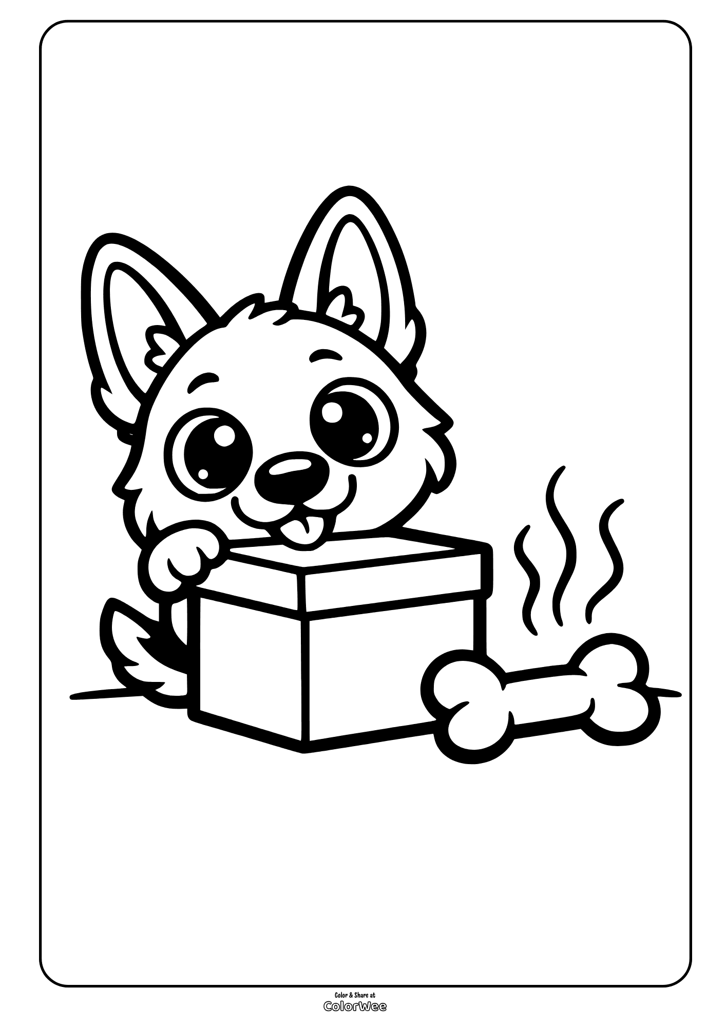 Kawaii german shepherd puppy peeking from gift box with bone coloring page for kids