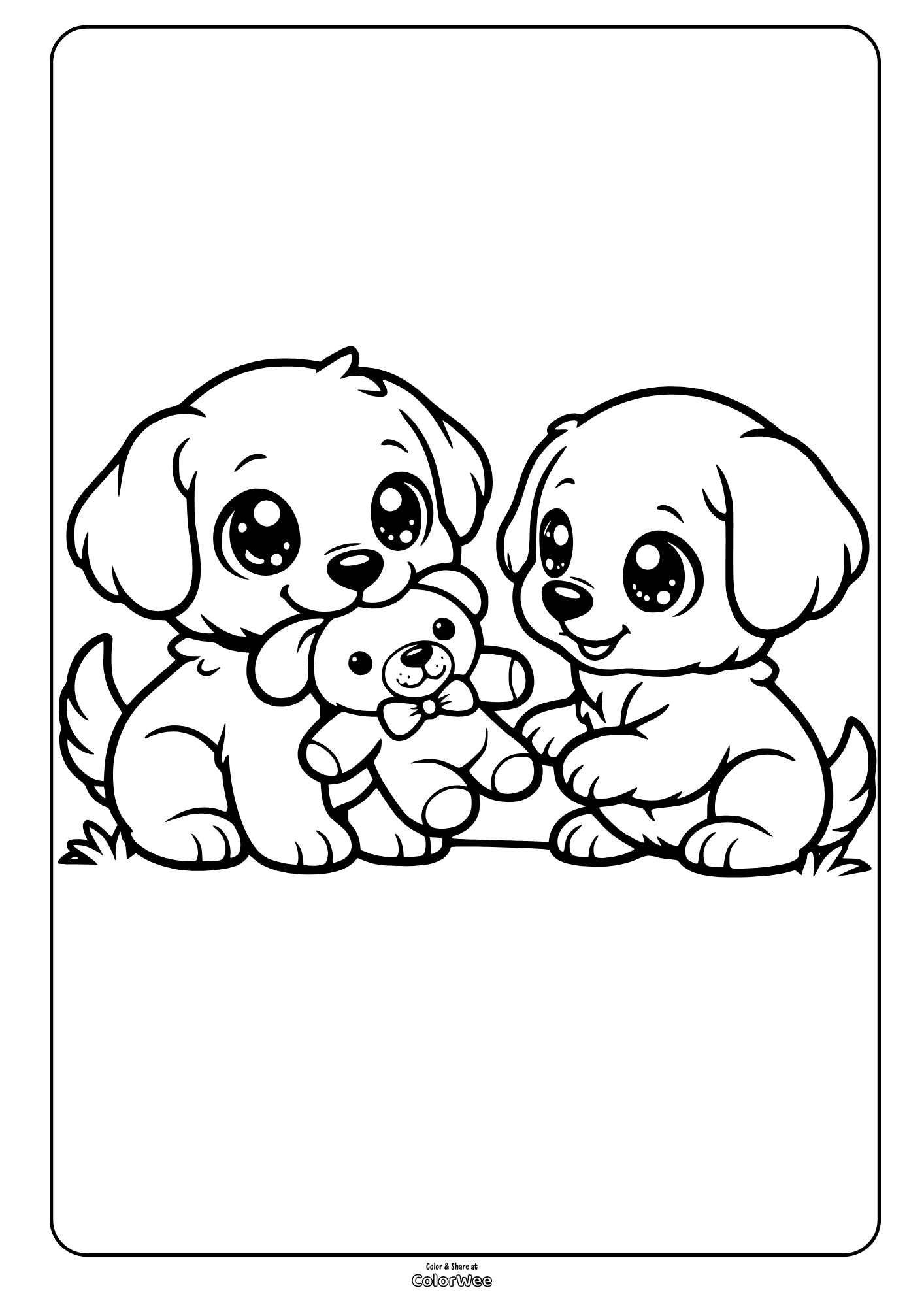 Cute golden retriever puppies sharing teddy bear coloring page.