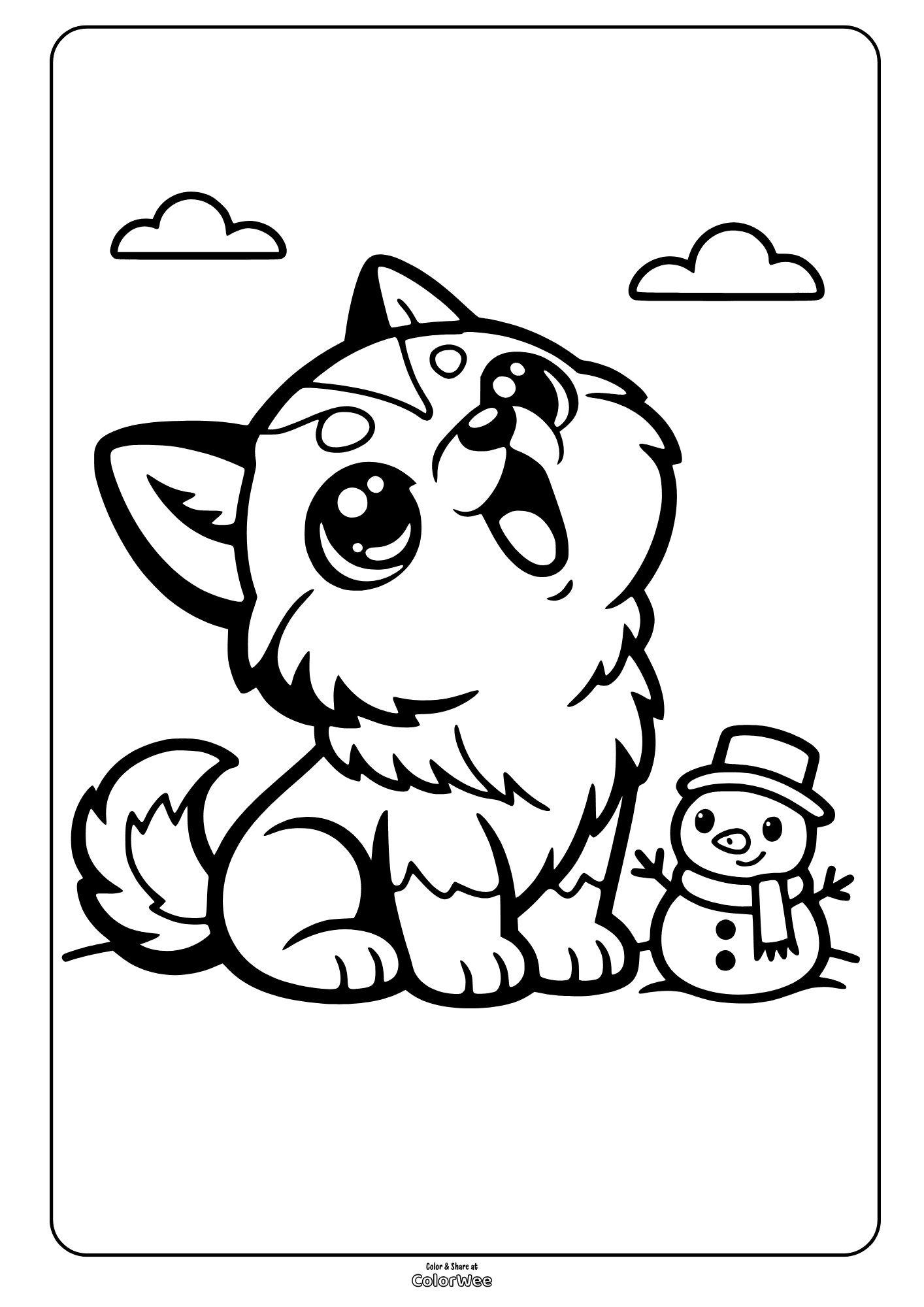 Howling kawaii husky puppy and snowman coloring page.