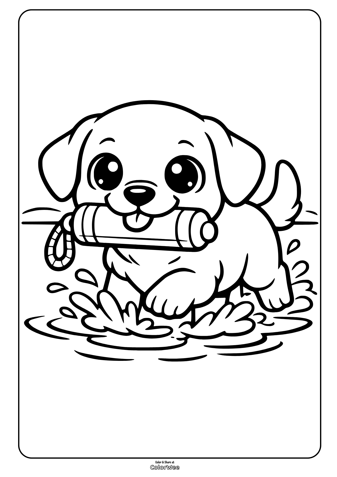 Cute kawaii labrador puppy splashing with fetch toy coloring page.