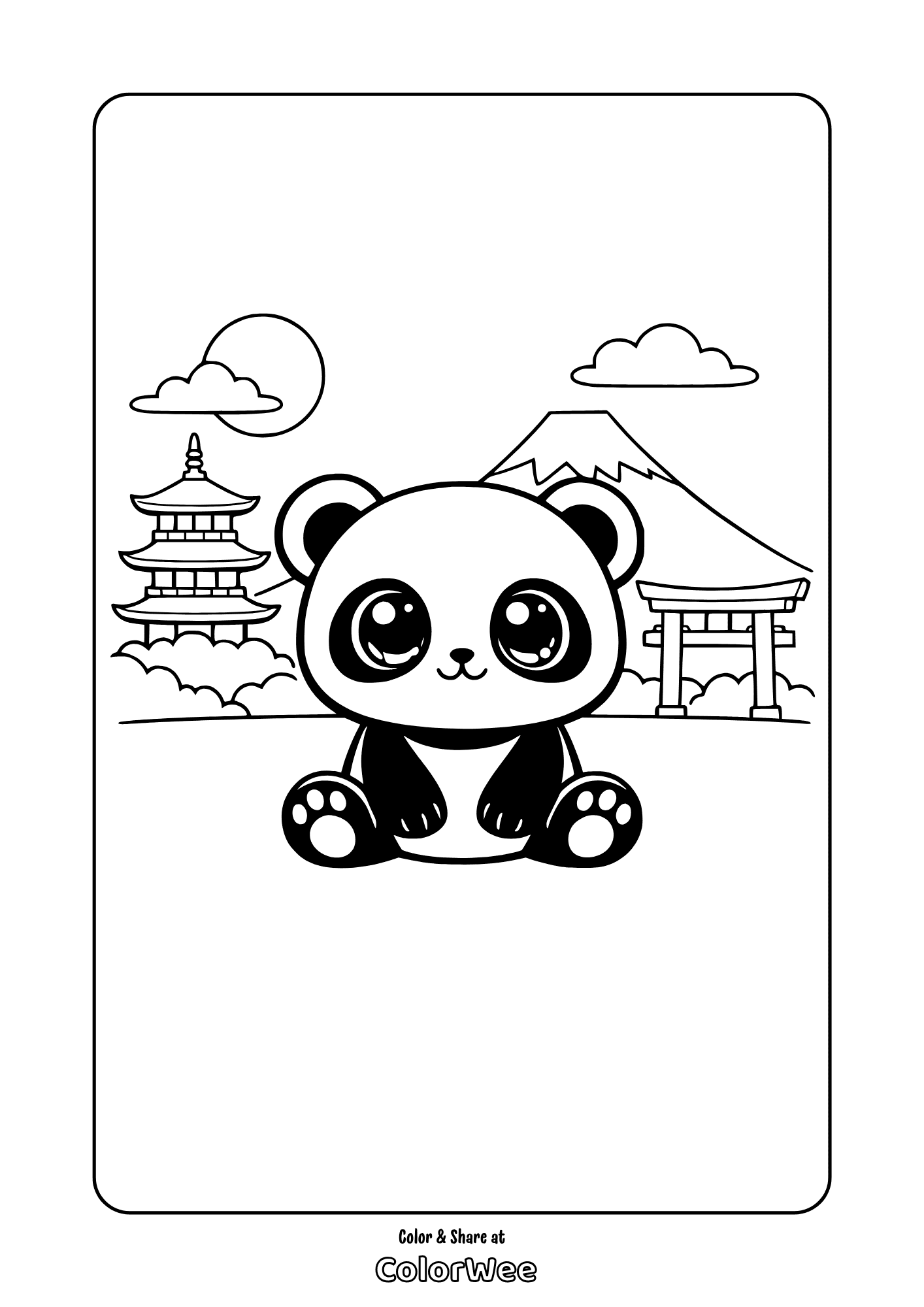 Cute panda with pagoda, torii gate and mountain coloring page