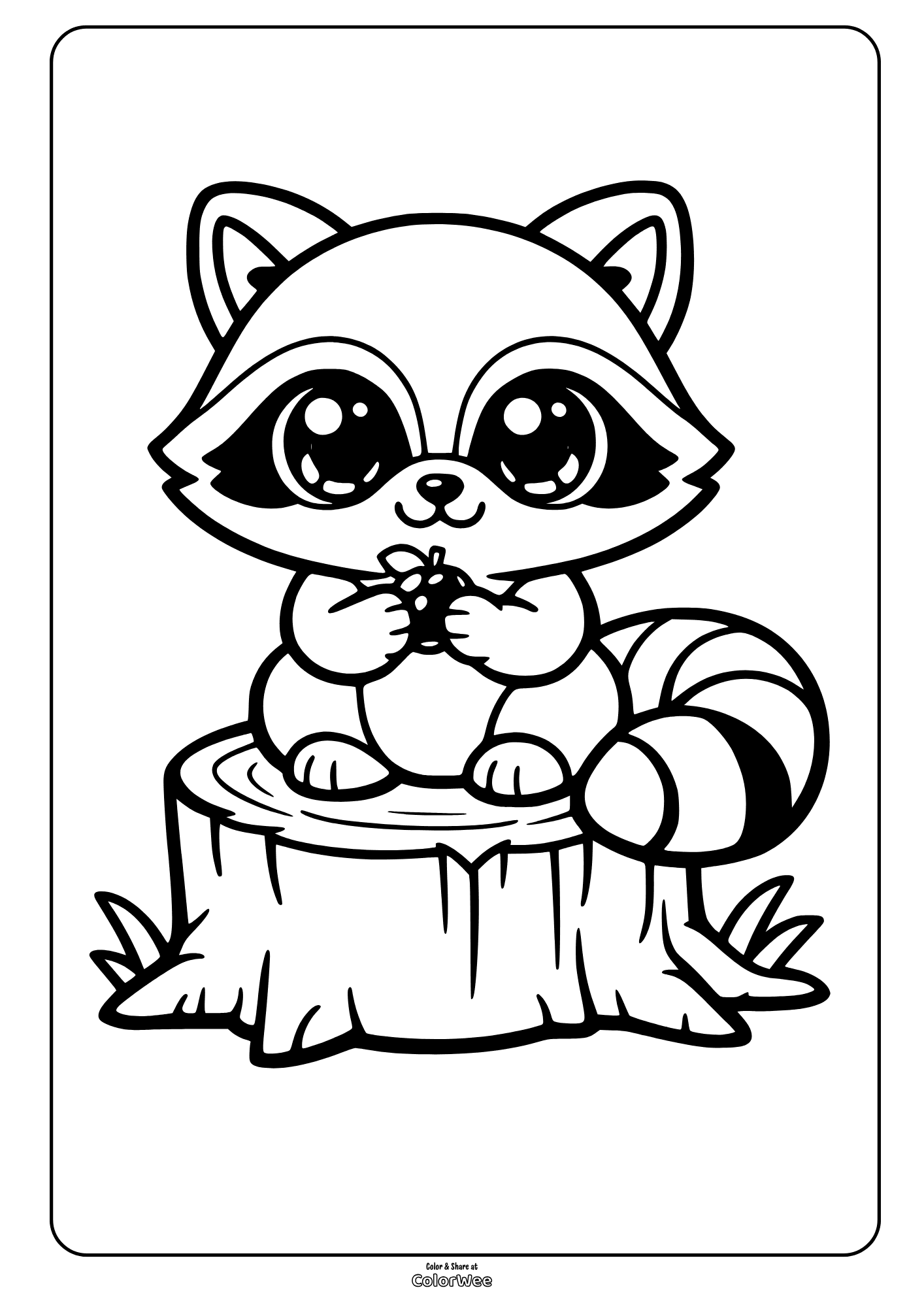 Cute baby raccoon holding acorn on tree stump coloring page for kids