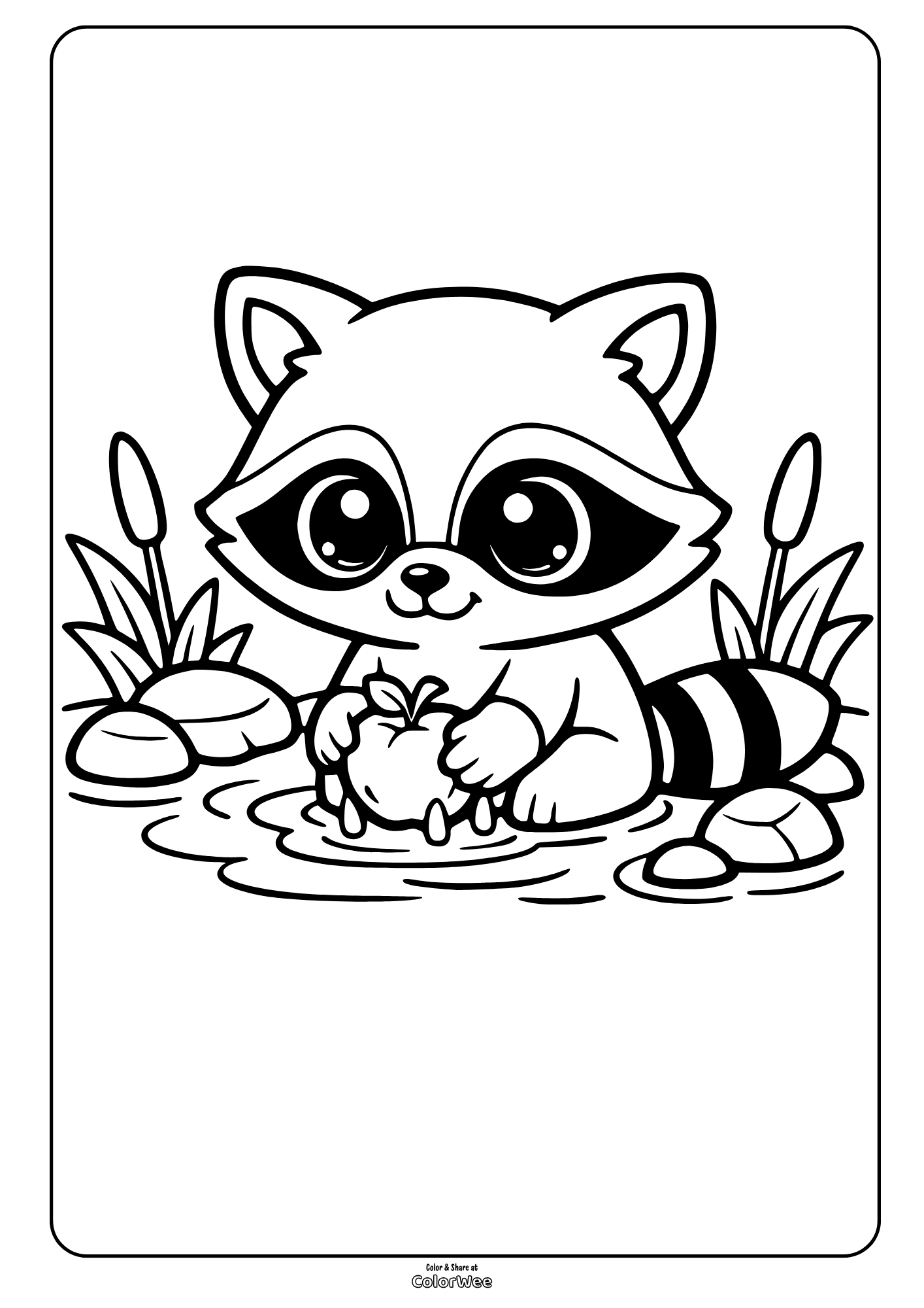 Cute raccoon washing apple by pond coloring page .