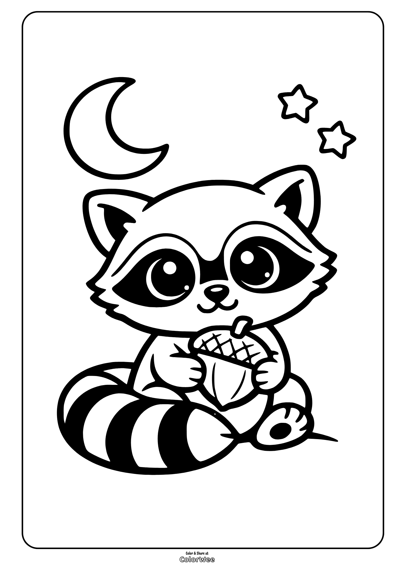 Cute raccoon with acorn under moon and stars coloring page