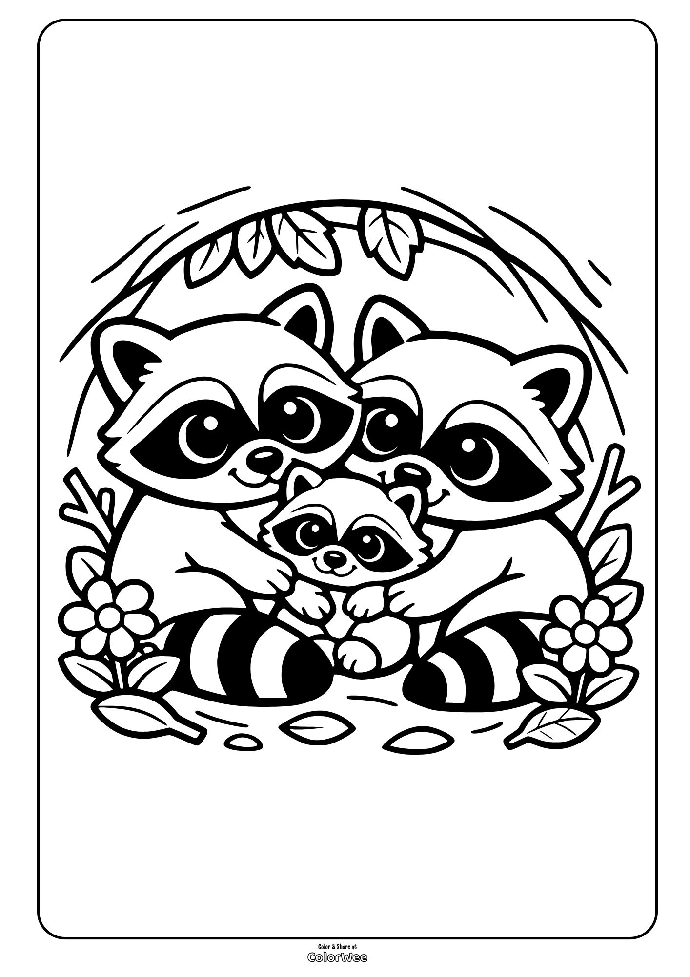 Raccoon family cuddling in forest coloring page.
