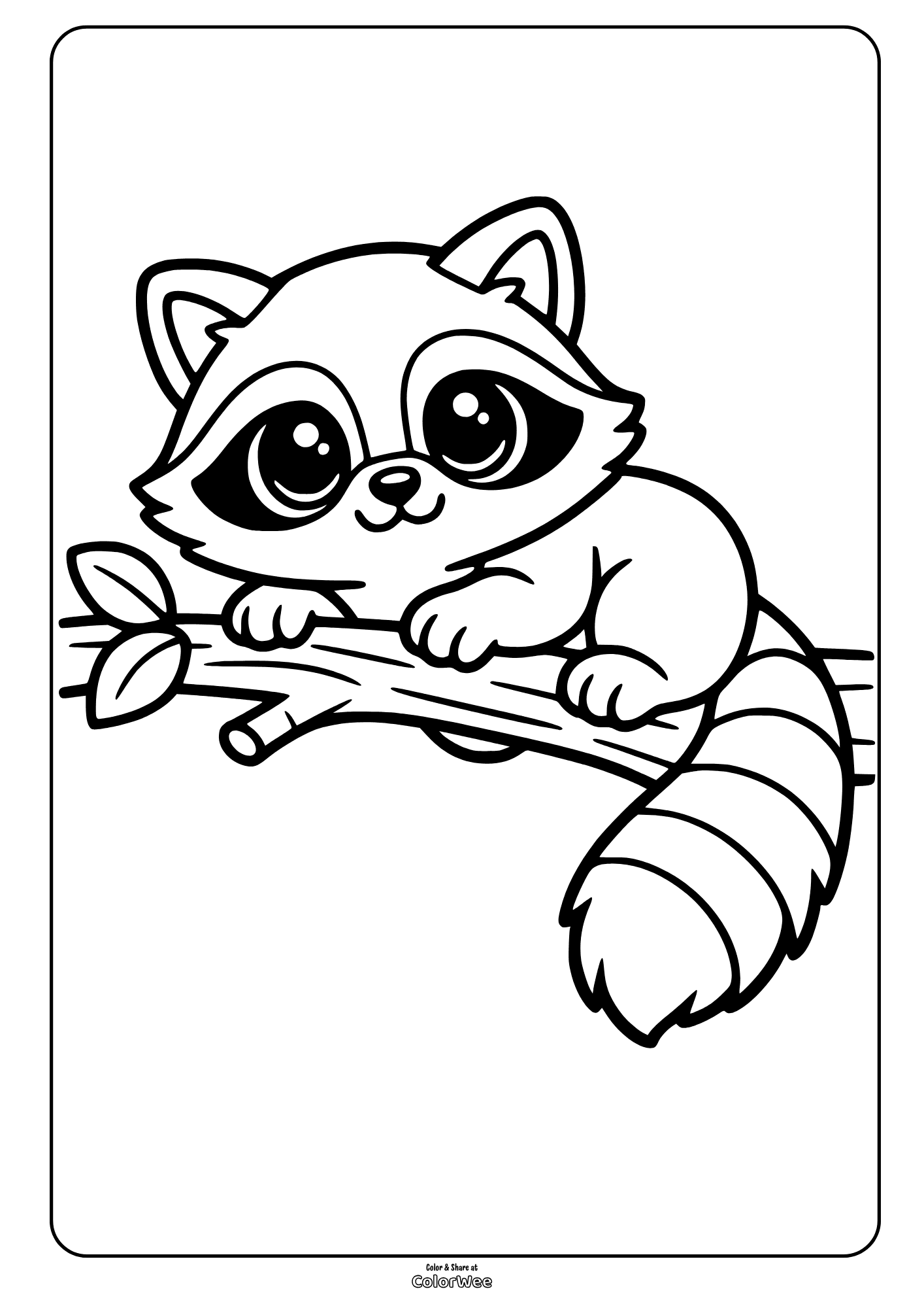 Cute baby raccoon on tree branch coloring page .
