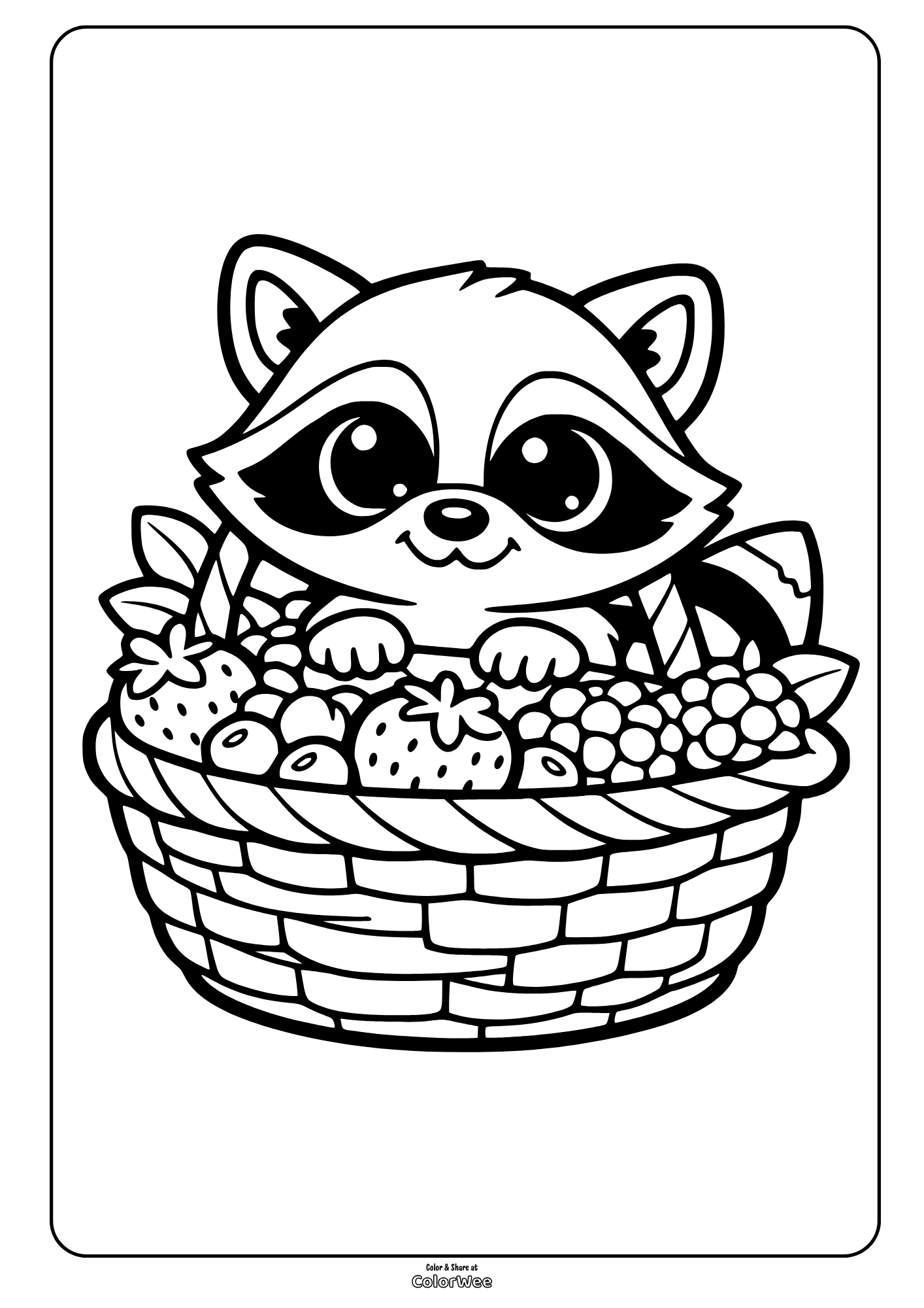 Cute kawaii raccoon in fruit basket coloring page .