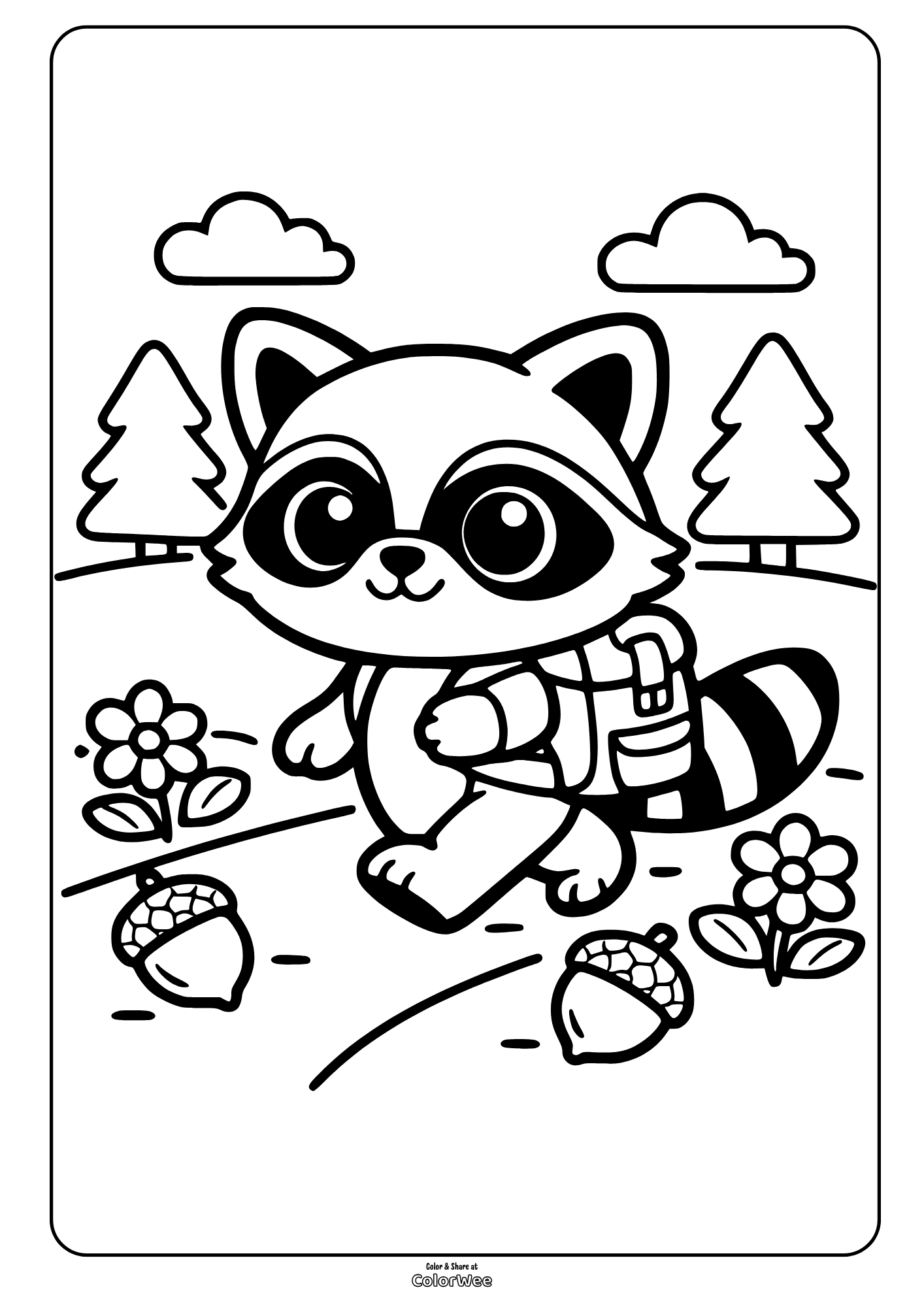 Cute raccoon hiking with backpack in forest coloring page for kids
