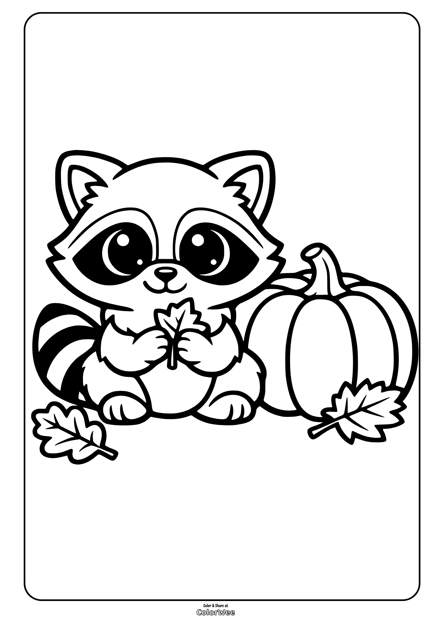 Autumn raccoon with pumpkin and leaves coloring page for kids to print