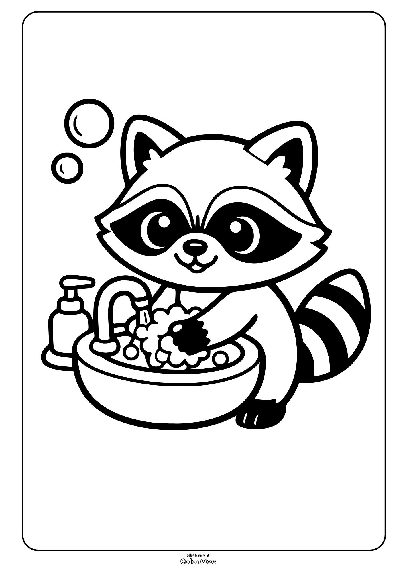 Cute raccoon washing hands at sink coloring page .