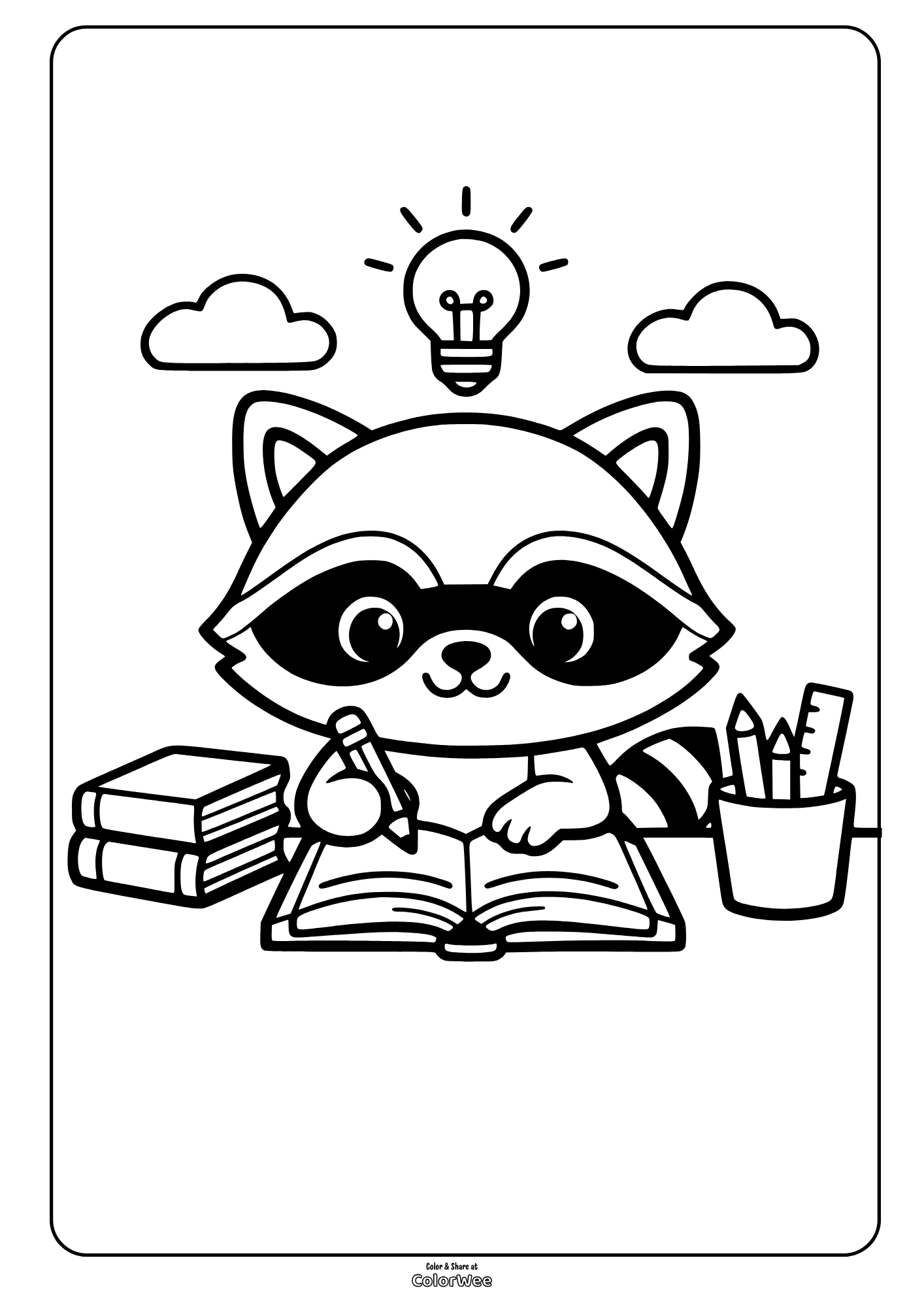 Cute raccoon studying with books and pencil, lightbulb coloring page.