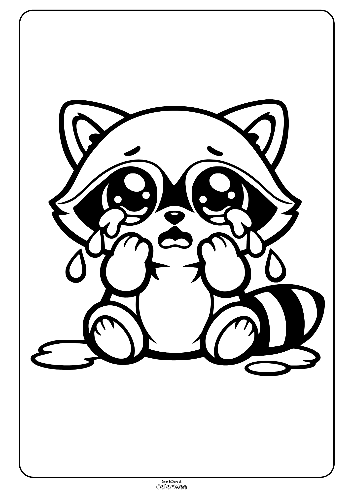 Cute kawaii crying raccoon coloring page.