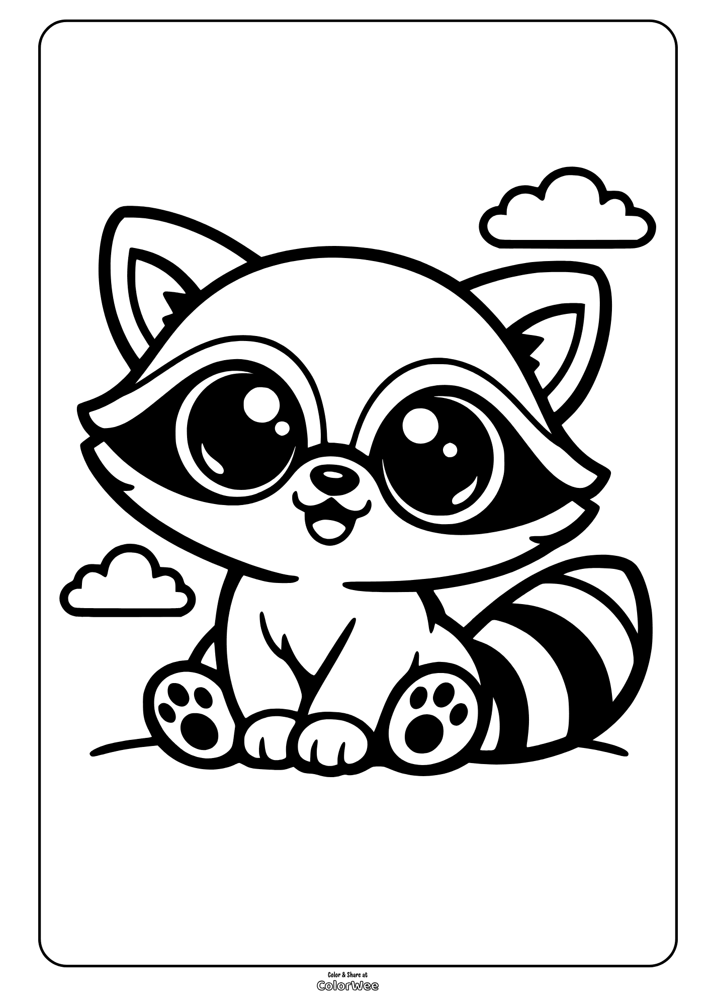 Cute cartoon raccoon coloring page with big eyes and clouds.