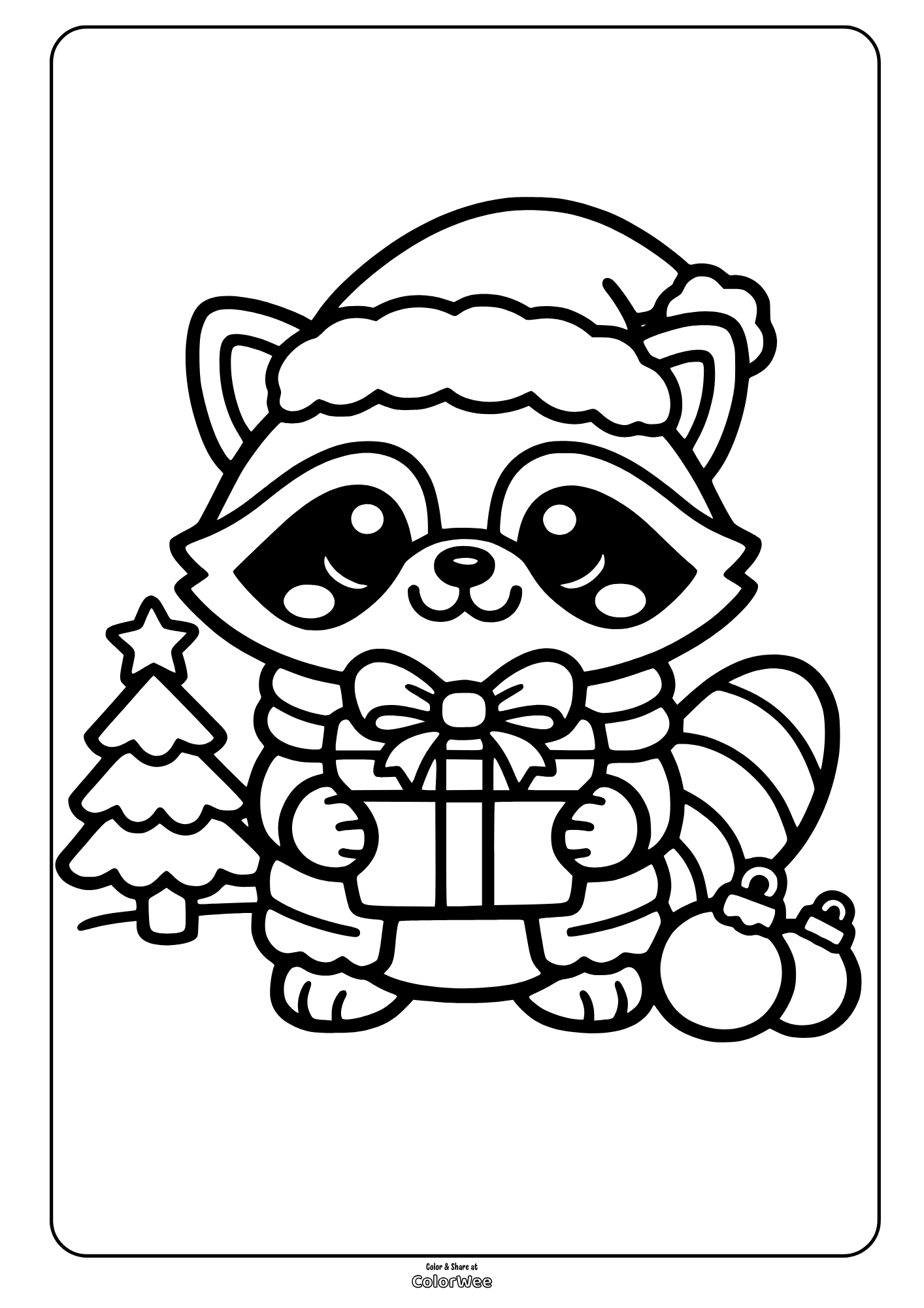 Cute Christmas raccoon with present and tree coloring page