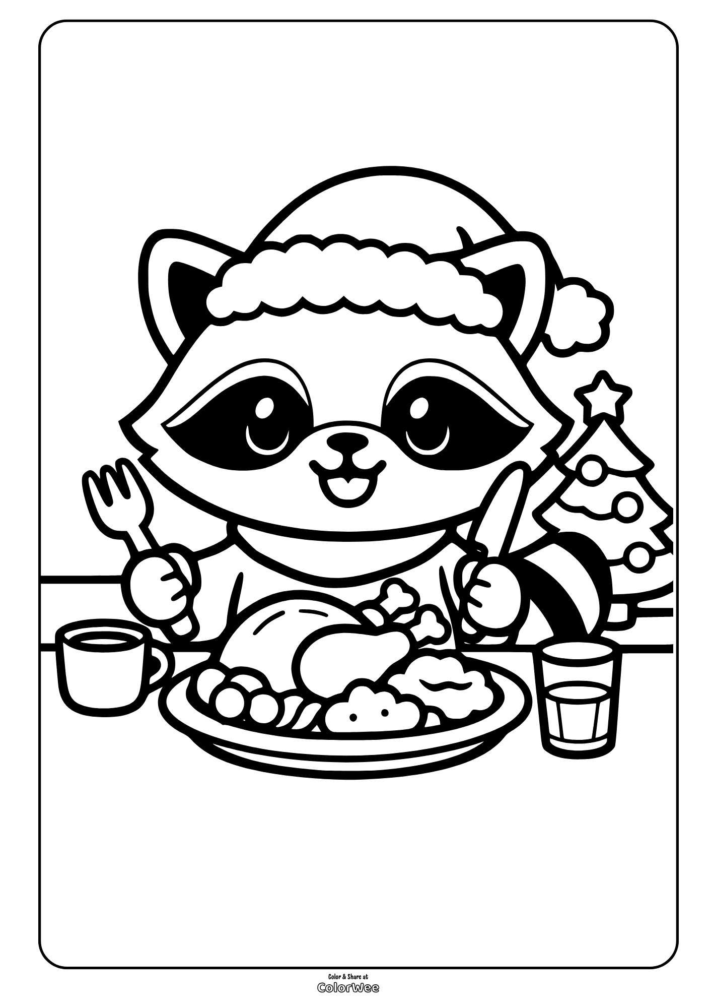 Cute raccoon Christmas dinner coloring page with Santa hat and tree