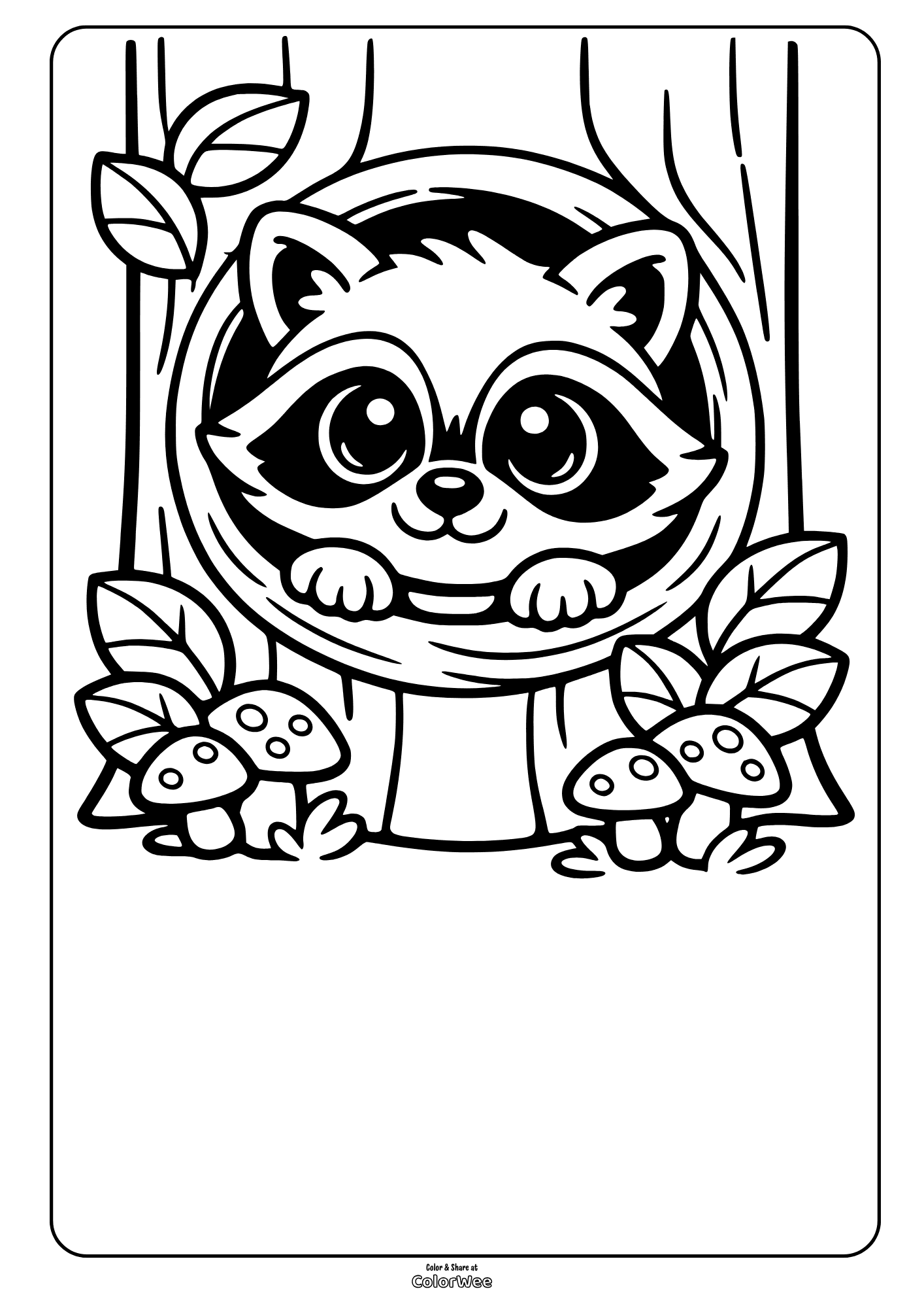 Cute raccoon in tree hollow with mushrooms coloring page.